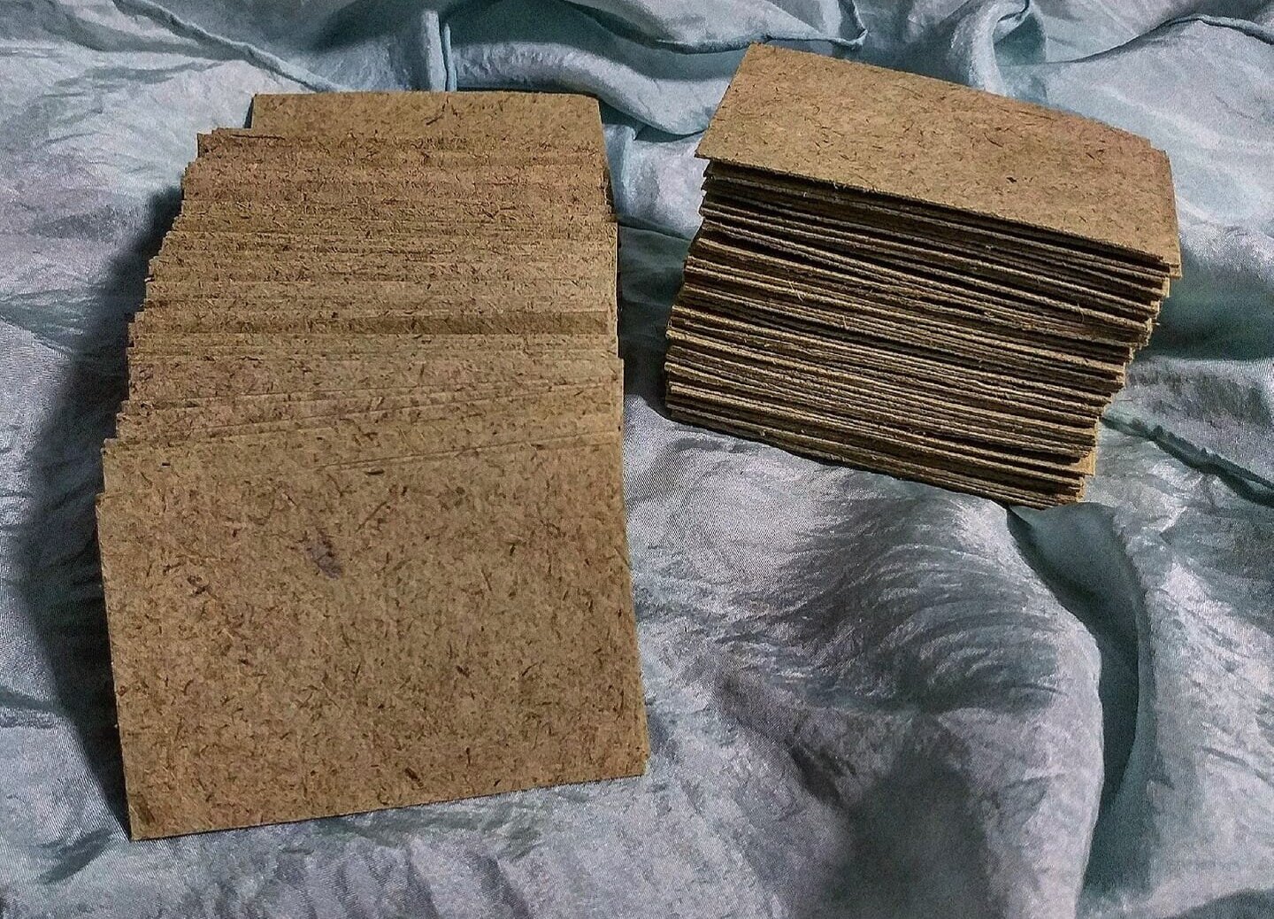  108 swatches of my handmade Non-native Phragmite and house blend (recycled cotton, abaca, flax and kozo) paper cut down to size (2x3") for the Swatch Swap 2019!&nbsp; 