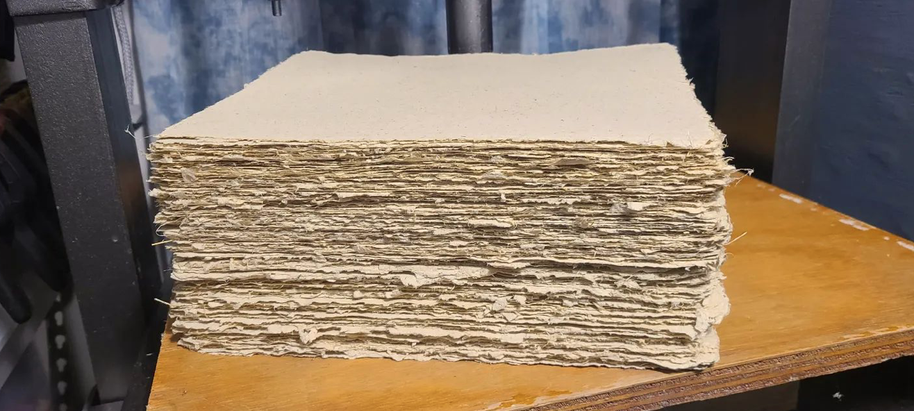  Latest batch of handmade paper is out of the drystack. 
