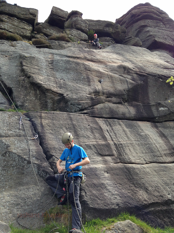 Mark and Andy starting with the soft option to lead on the famous three pebble slab (E1, 5a).