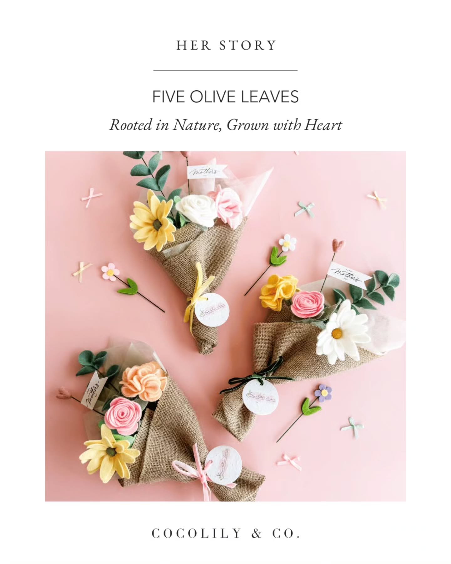A love of nature, creativity, and sustainable living inspired Nabila to create Five Olive Leaves.⁠
⁠
What began as a dream grew into a handmade brand filled with felt florals and nature inspired pieces, all created from her home studio while balancin