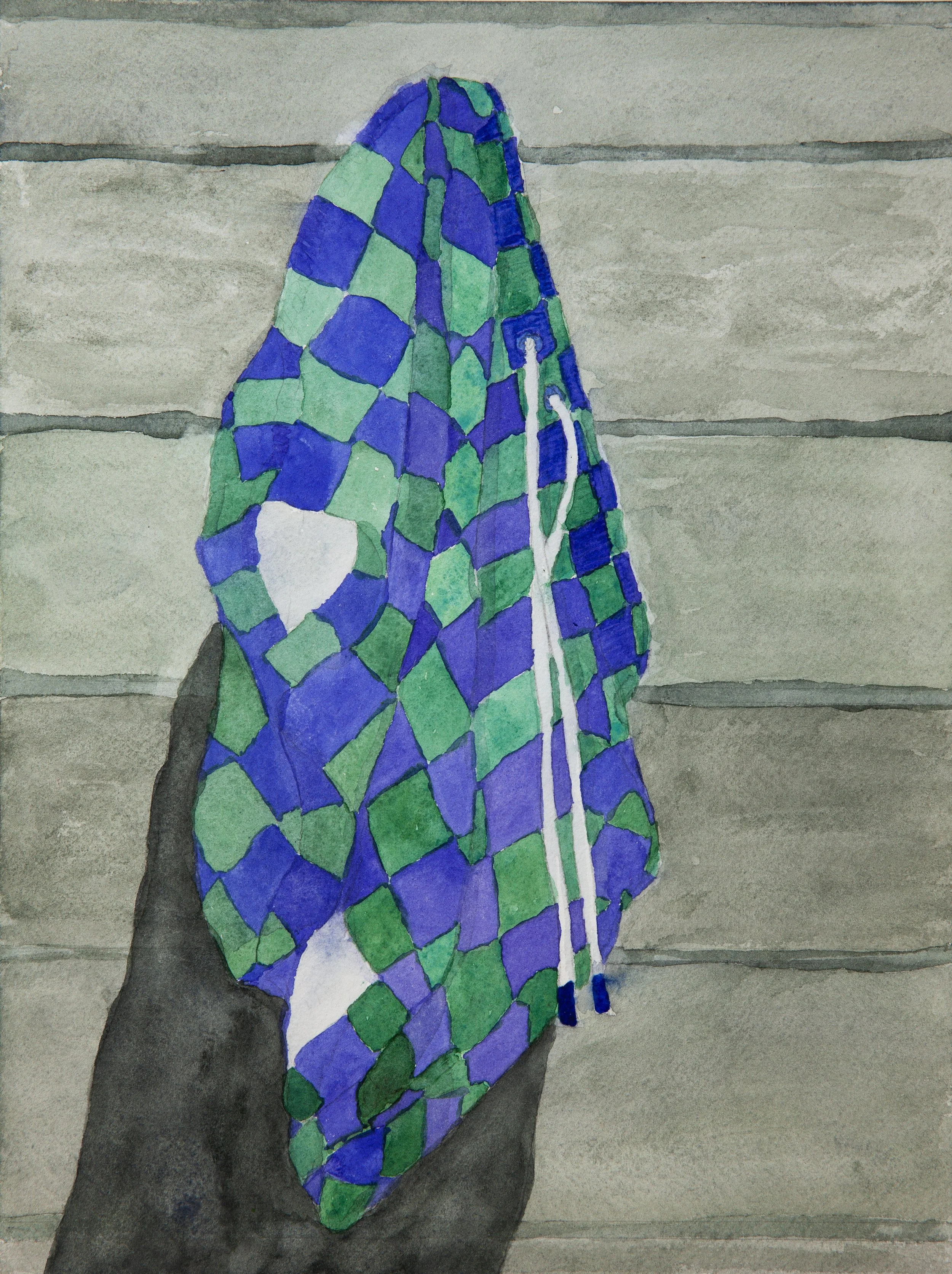 Checkerboard Trunks, 2026, watercolor & pencil on paper, 12 x 9 inches