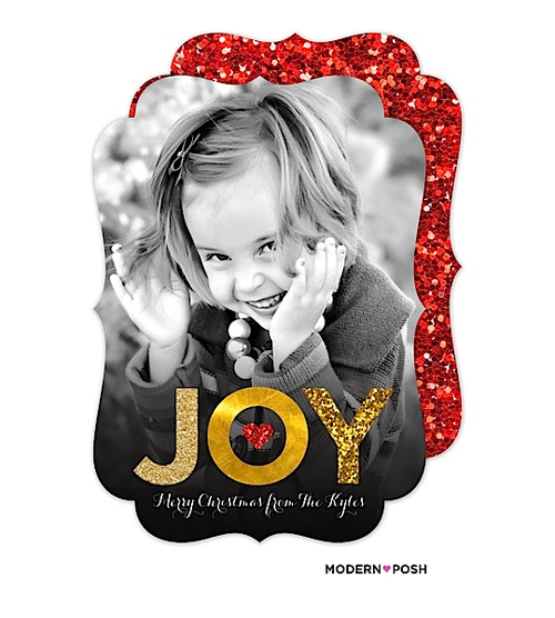 It's all about the GLITTER! We love complimenting the great photography you choose for your card with a beautifully designed message like this glitter "JOY". Your photo is the star of the card! You'll love the fun and festive red glitter back to this card. 