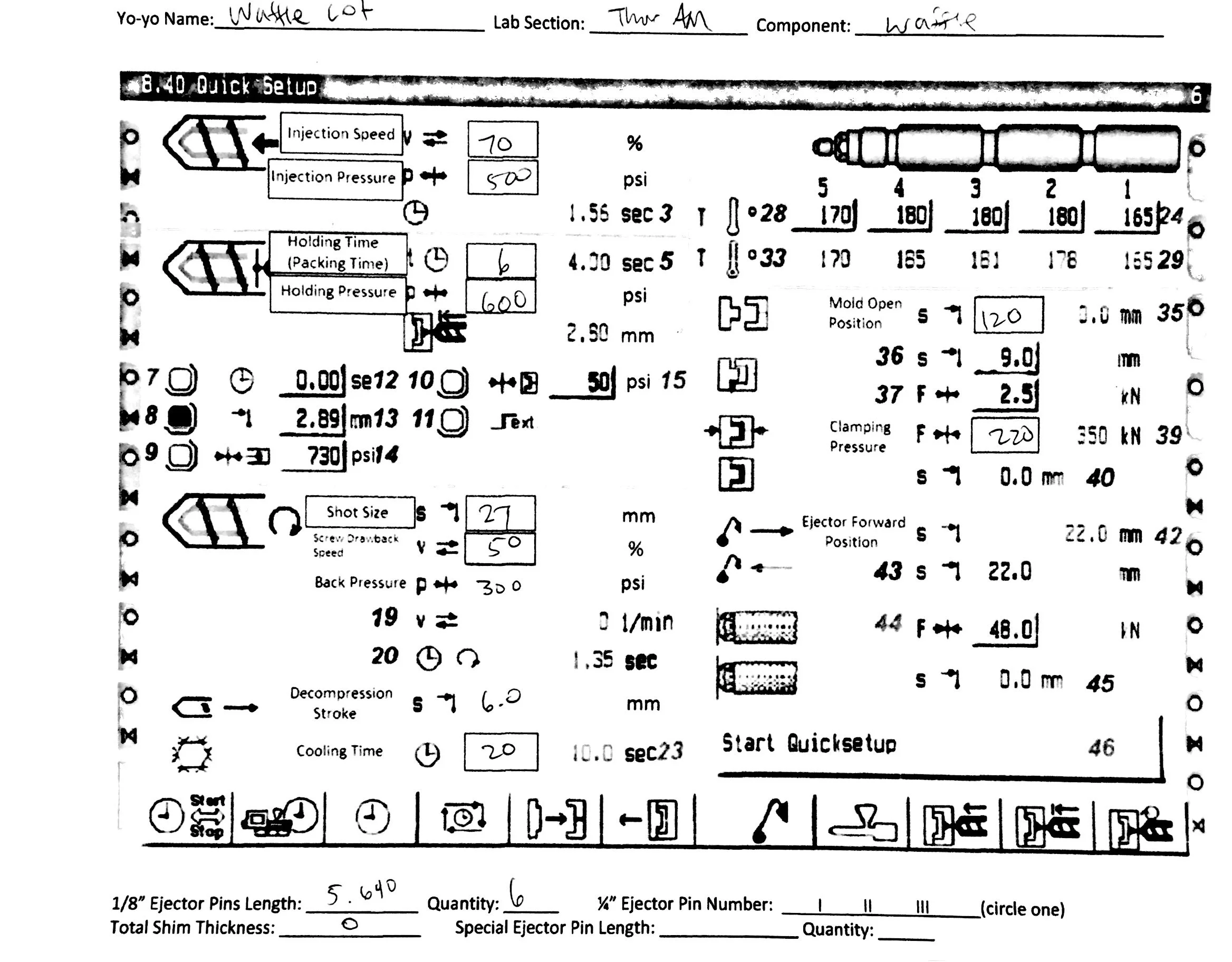 Set-up sheet with final injection molding parameters for the waffle piece. 