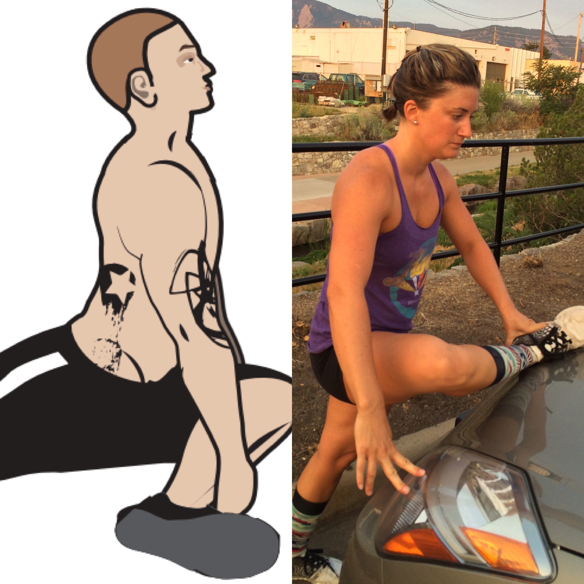 Pigeon is a great stretch for your hips, quads, and hamstrings. As seen in the MOD card, pigeon can be done on the ground by bringing one knee forward and extending the other leg straight back. Work to keep the hips squared forward and the front shin as parallel as possible. To do this stretch on the road, bring a bent knee onto the hood of the car, line your front leg up so that your shin is parallel with the windshield. Hold each leg for 30sec-2min. 