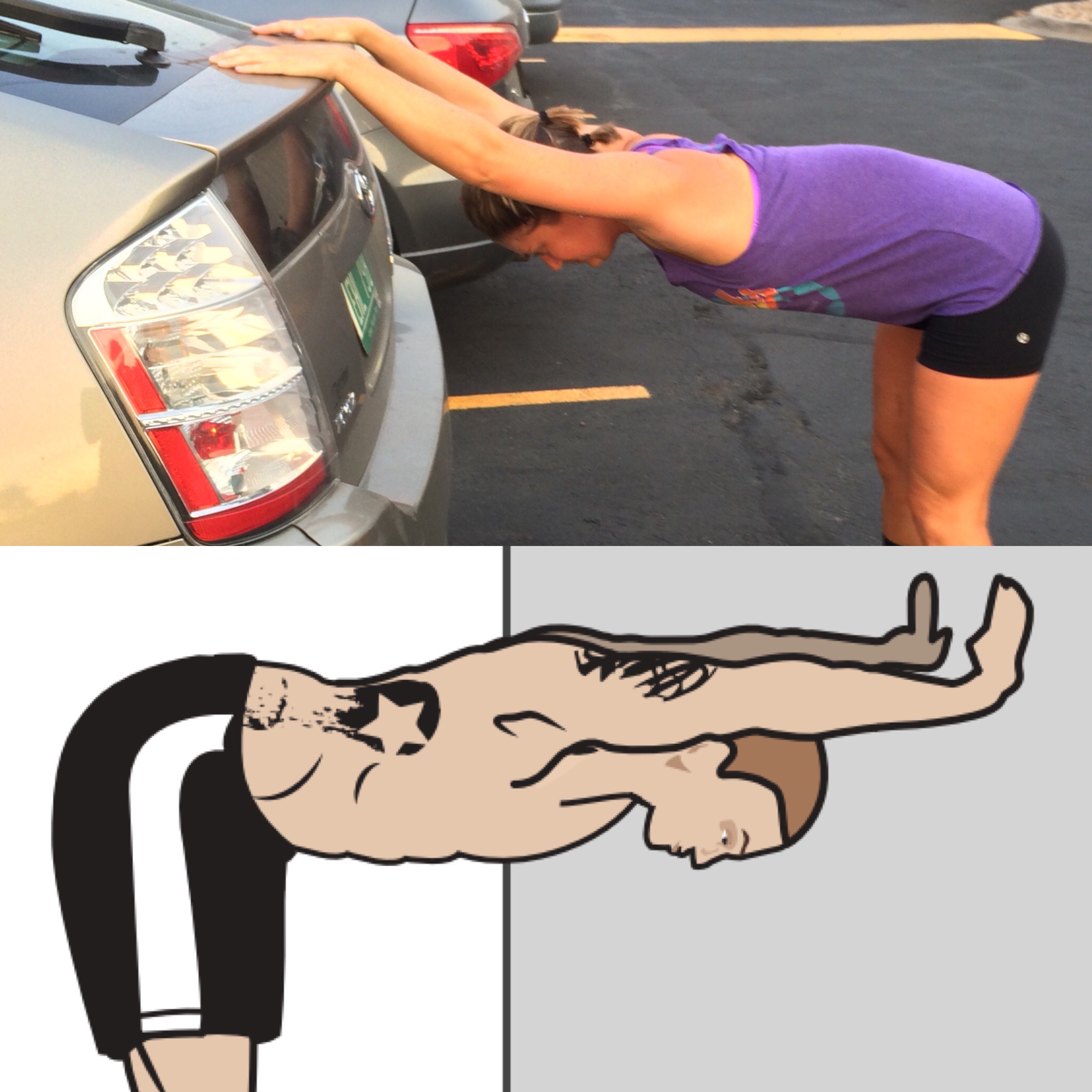 Down dog can be done on the wall as shown in the MOD card but can easily transfer to any flat surface, like the back end of your car! Place palms down on the trunk and with slightly bent knees, let your chest move towards the ground. Keep your abdominals lightly engaged so as to not over stretch your thoracic spine in-between your shoulder blades. You should be bending from your hips, not your low back. Hold 2x for 30sec-2min.