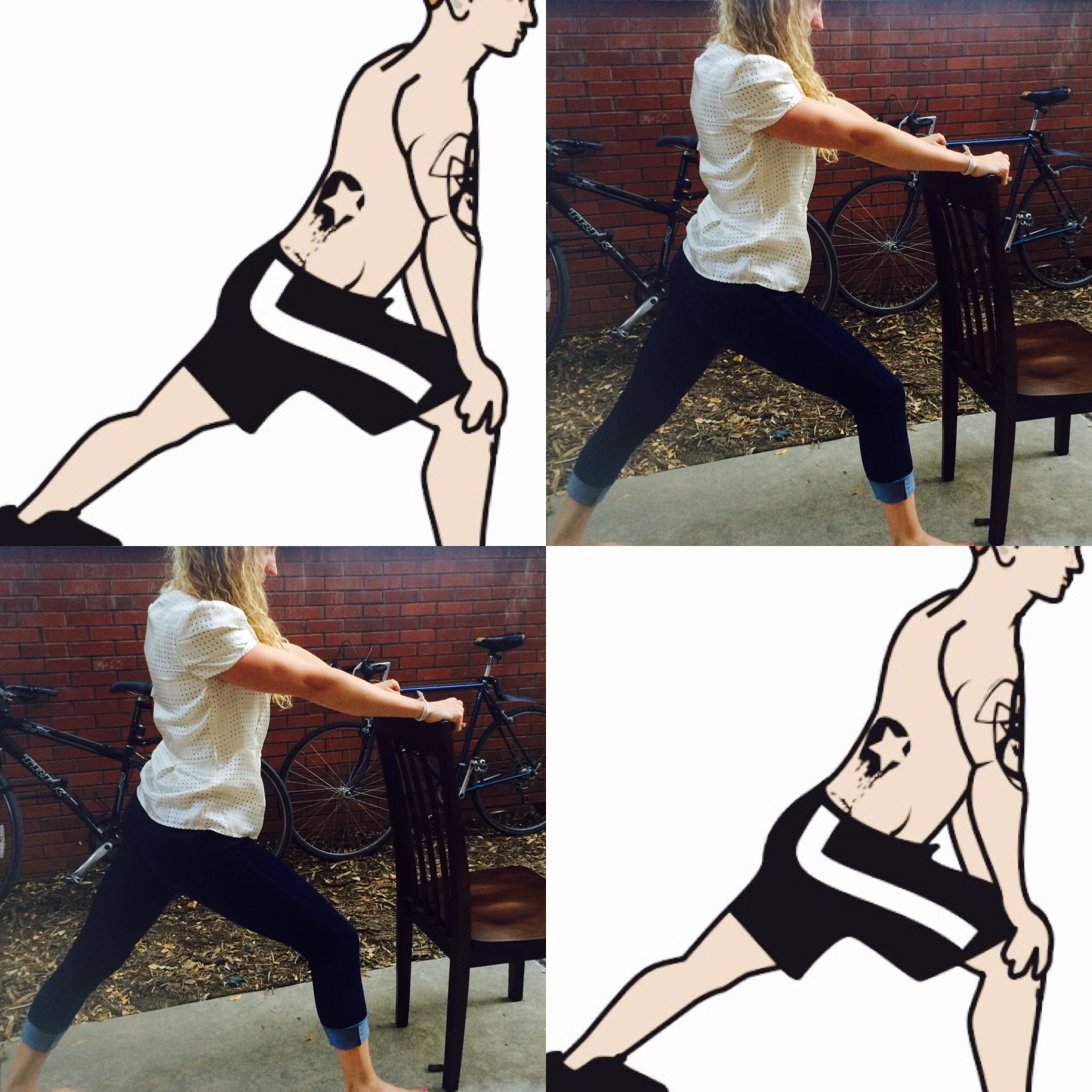 From a stride stance, lift your back heel off the ground; dip hips back and work the heel to the ground, keeping a straight knee. Hold here for 30 seconds to two minutes before switching legs. Feel free to use your desk or chair for stability and leverage. 