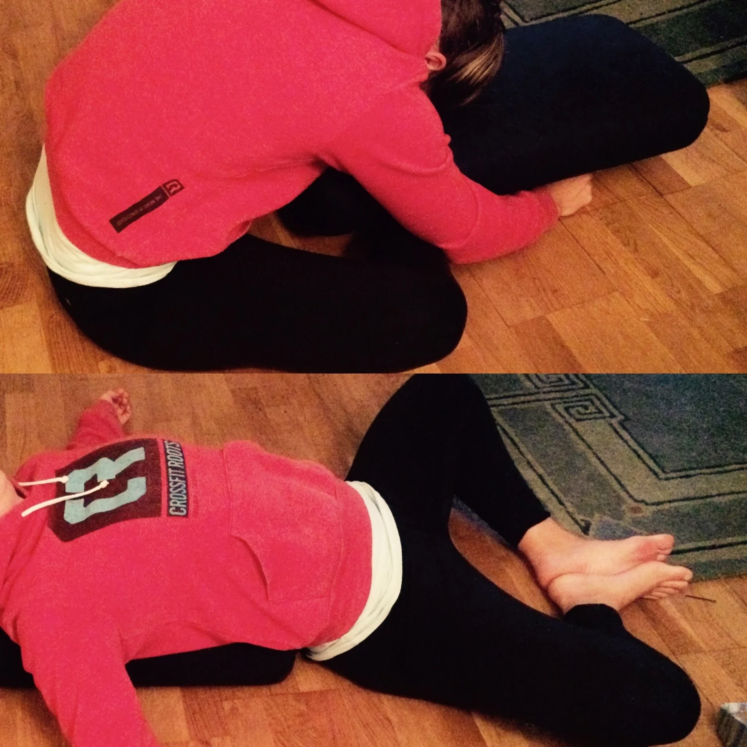 This stretch has two options, you can choose to do one or do them both. Come to a seated position with the soles or your feet together and your knees wide. In the first version put some sort of support in front of you and fold forward over it, making contact with your forehead. In the second version you are going to put your pillow behind you. It should be flush with your low back and right up against your bum. Hang out and let those hippies get mobile. (If this is too much on your hips then put pillows under your knees as well)