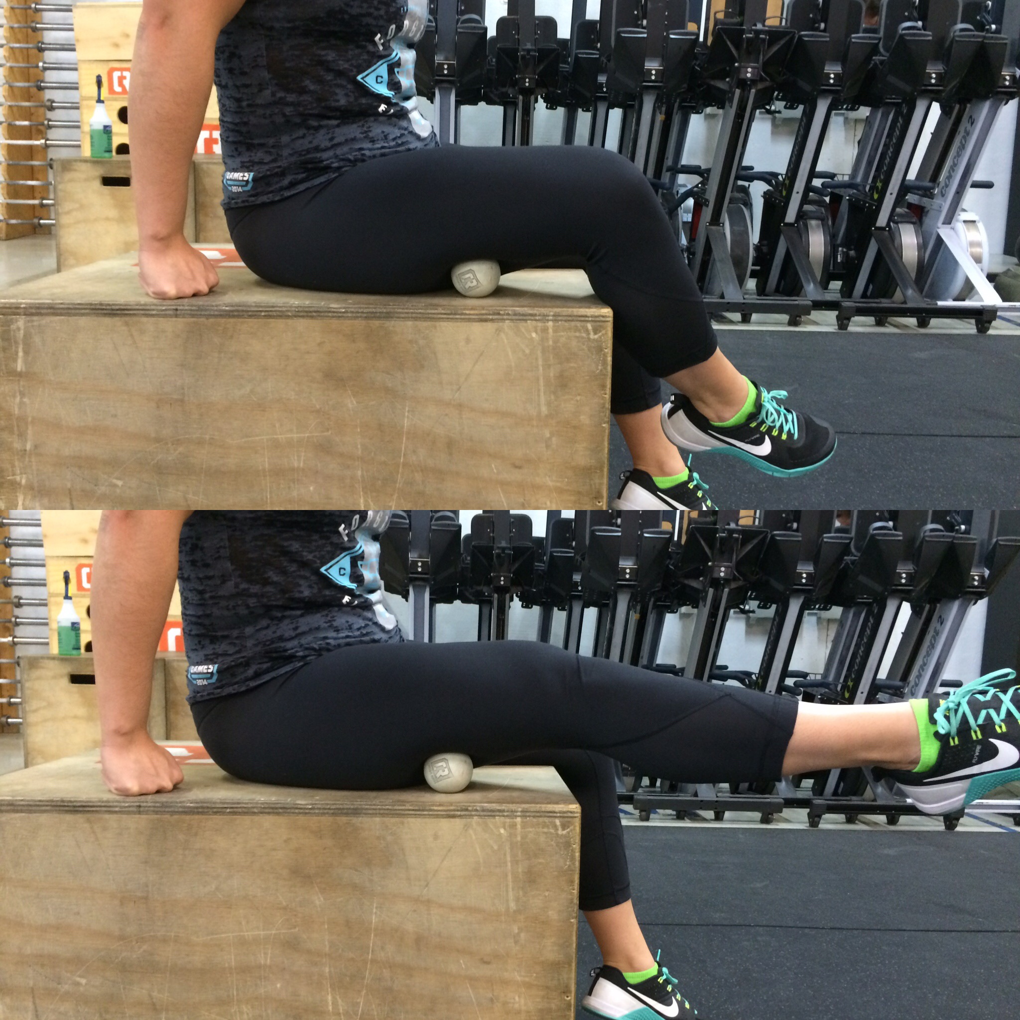 Still sitting on your bum, slide the lax ball out towards the side a bit more, but not all the way to your IT band. You should now be more on your bicep femoris . Keep that super straight spine you created in the first exercise and begin to extend your leg straight and then back to a bent knee. Repeat the extension and flexion 40-50 times before switching sides. 
