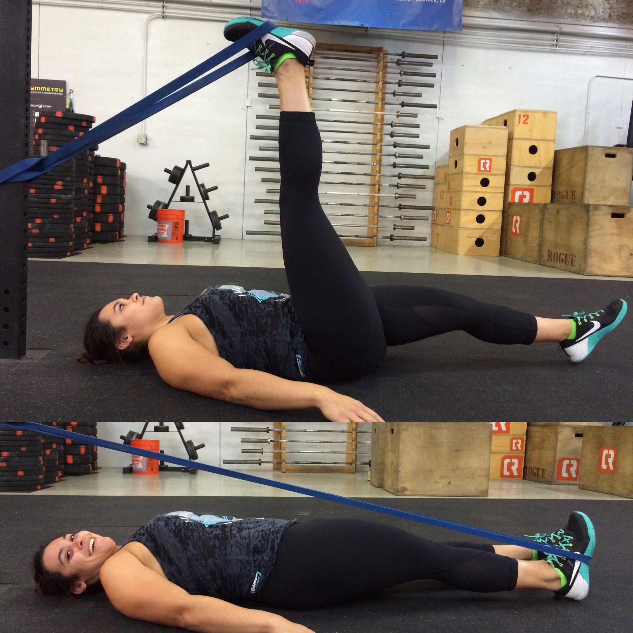 Finally, you get to lay down!! Please do not be fooled by my beautiful model's sweet smile, this stretch is a doozy on the hammy. Keep the monster band attached to the rig at about hip height. Lay down on your back with your head pointed towards the rig and your feet away from it. Wrap the band around the sole of your foot, close to your heel so it doesn't slip off. You can brace yourself with your arms along your side or hold onto the rig behind your head. Keep your left leg straight with your toe pointed up. In the most humanely possible controlled way, lower your right heel to touch the floor briefly before raising the leg back up. DO NOT let your leg boomerang back towards the rig. Try counting to three or four Mississippis on the way up and the way back down. Complete 20 reps per leg. And yes, the pleasurable burning sensation on the back of your leg is totally normal and good for you. 