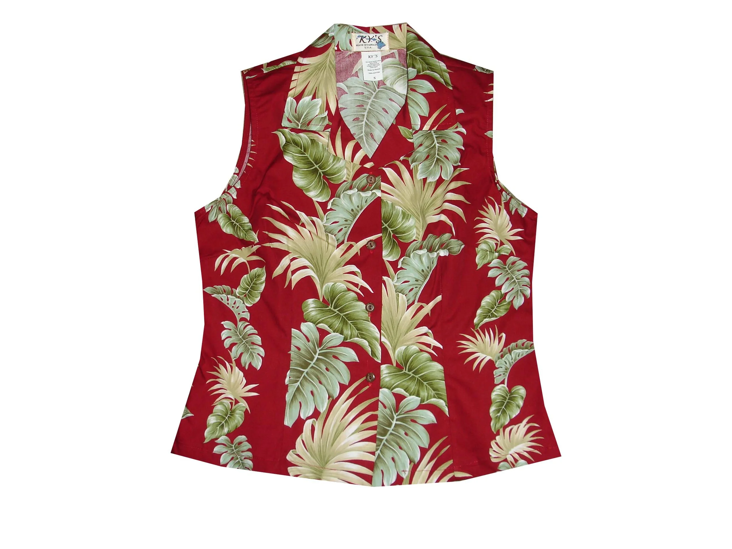 LAT-438R- Cotton Sleeveless Aloha Blouse Hawaii Leaf Panel