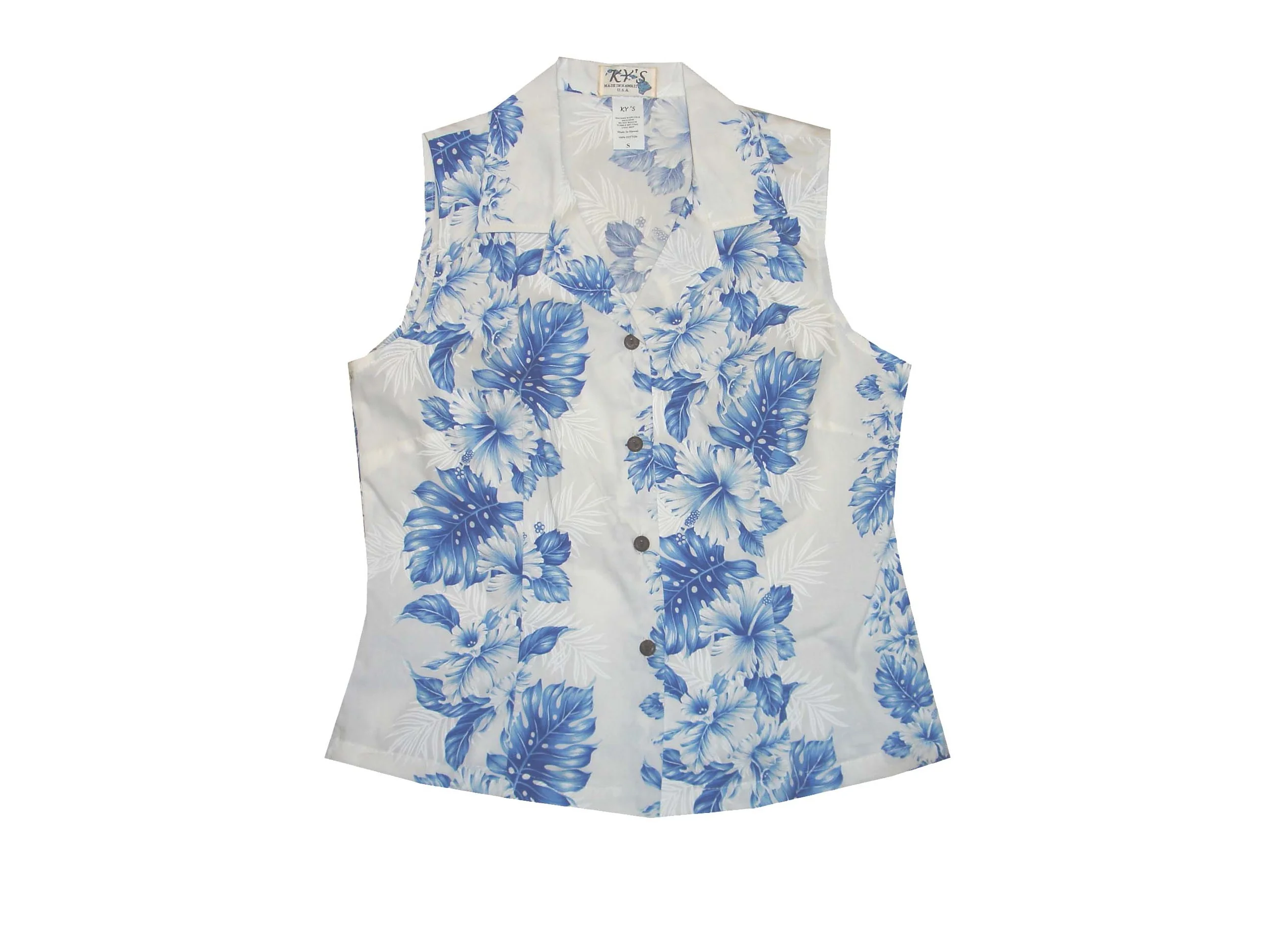 LAT-434WNB- Cotton Sleeveless Aloha Blouse Orchid Hibiscus Panel