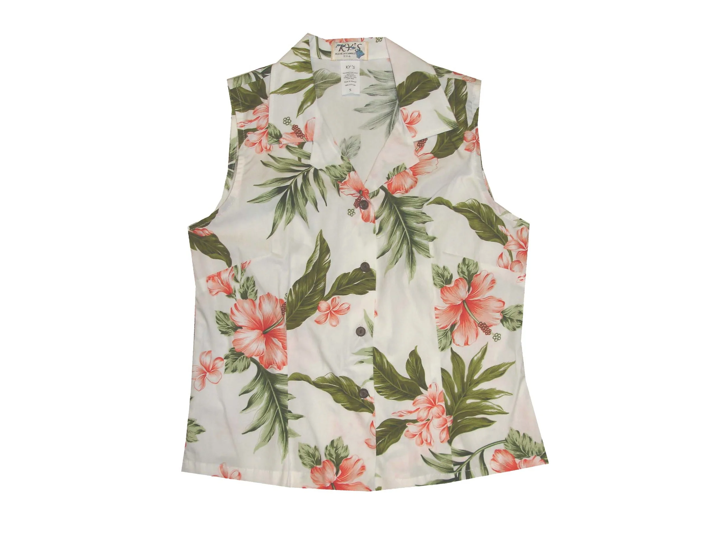 LAT-403WC -Cotton Sleeveless Aloha Blouse Coral Hibiscus