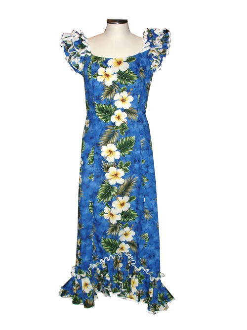 fallen shoulder mini dress Atoll Blue Maxi Hawaiian Dress with Hibiscus Print