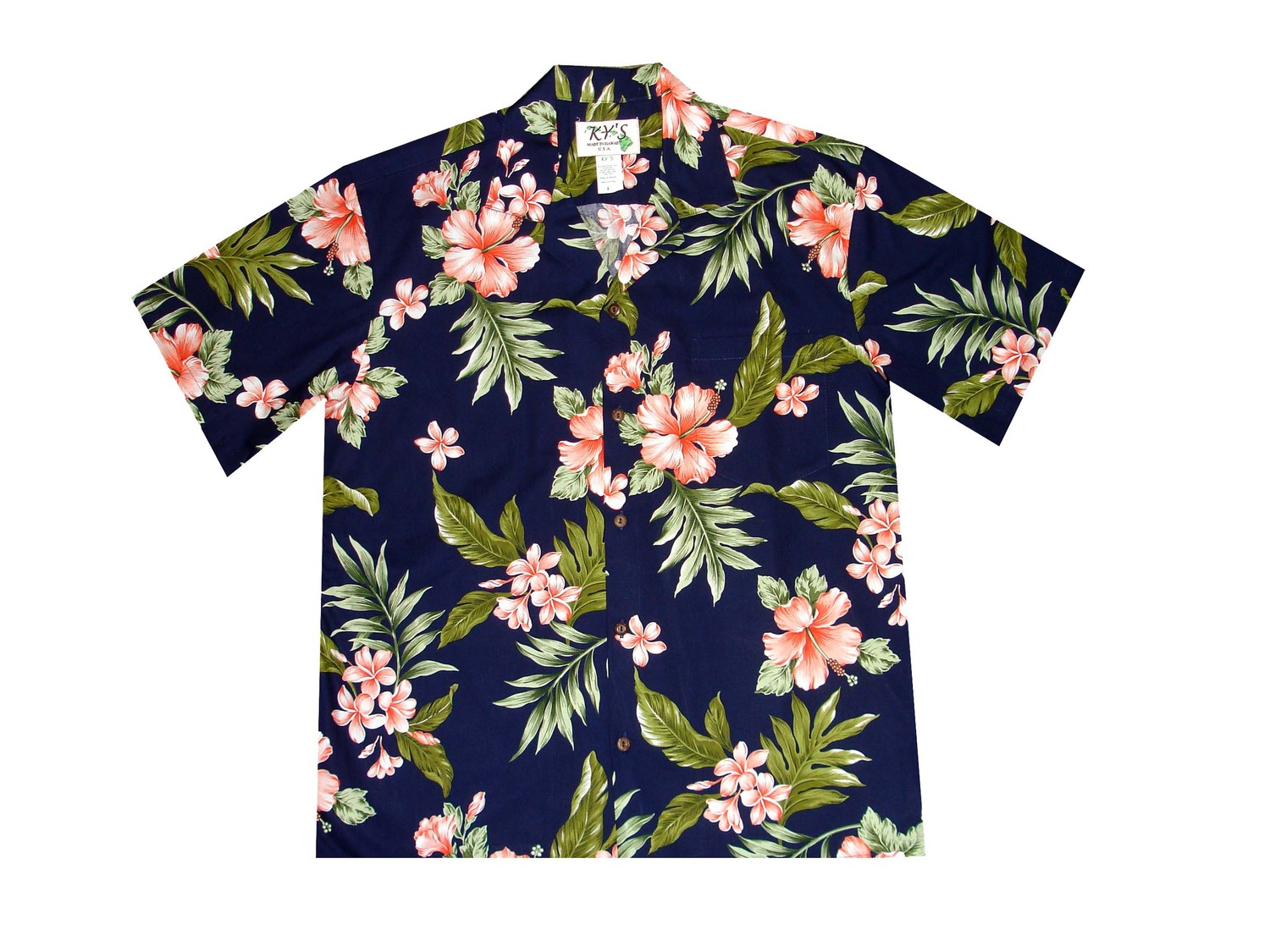 Plumeria & Hibiscus Navy Coral Cotton Men's Hawaiian Shirt — kyifi.com