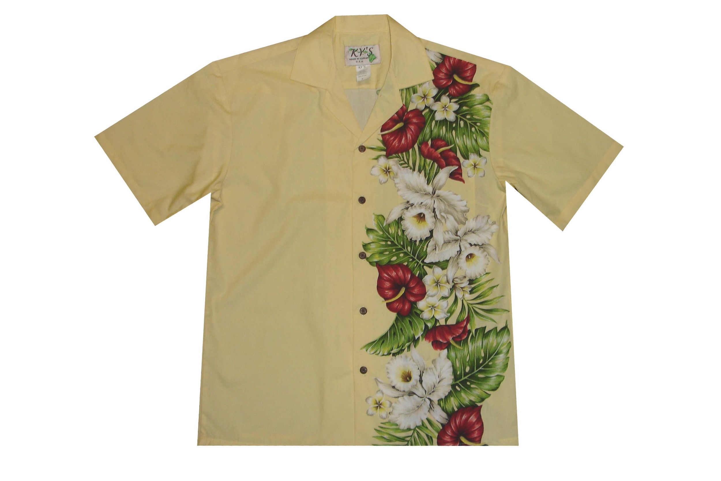 KY'S Hawaiian Mens Shirt White Vibrant Floral Panel Print 