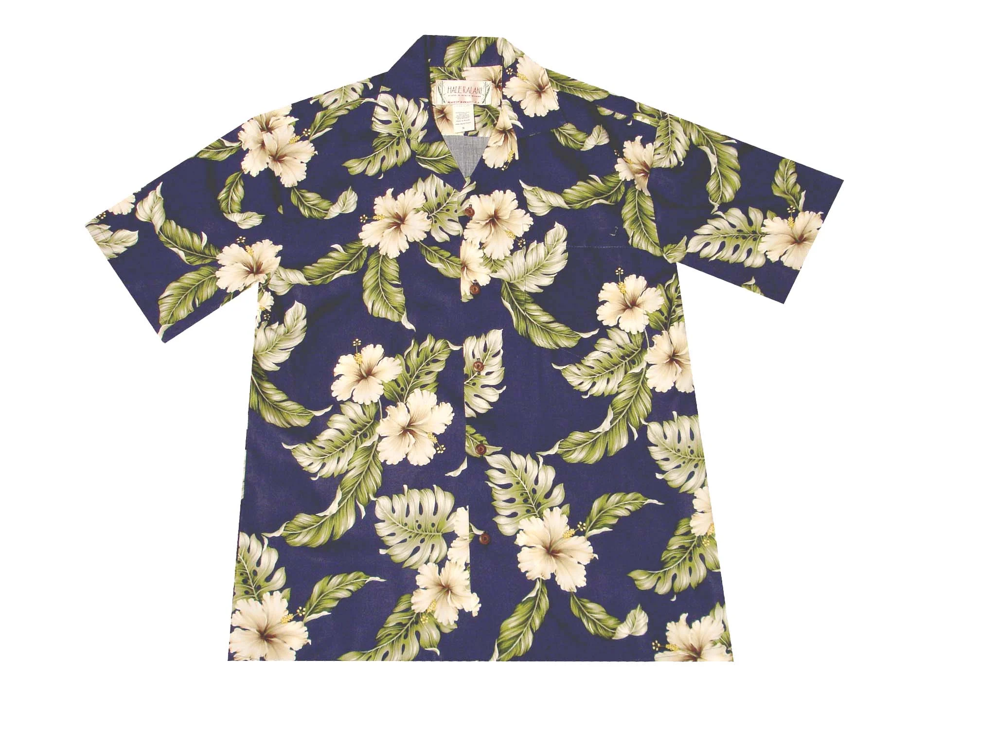AL-807NB-  Makua Hibiscus Navy Rayon Men's Aloha Shirt 