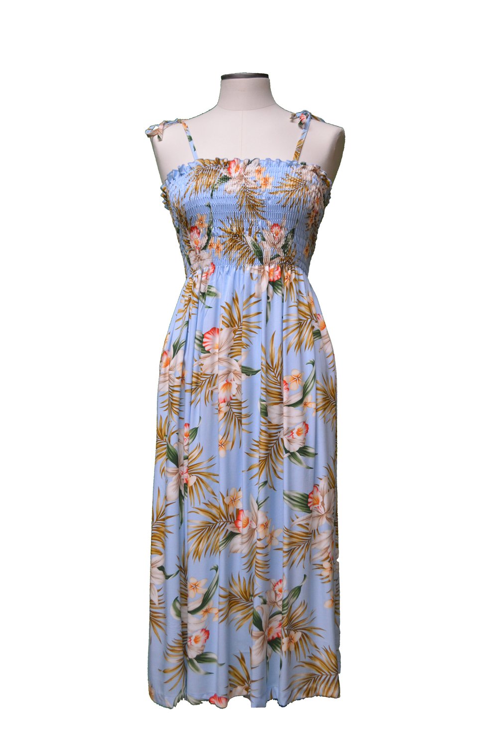 knee length dresses for ladies Midi Hawaiian Dress Bias Rayon Tropical Hibiscus & Plumeria Blue / XL main image 0