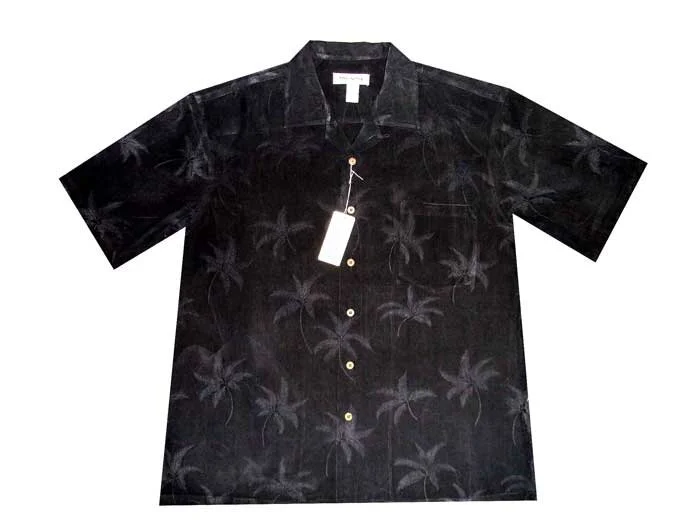 AL901B- Tropical Palm Black Silk Men's Hawaiian Shirt 