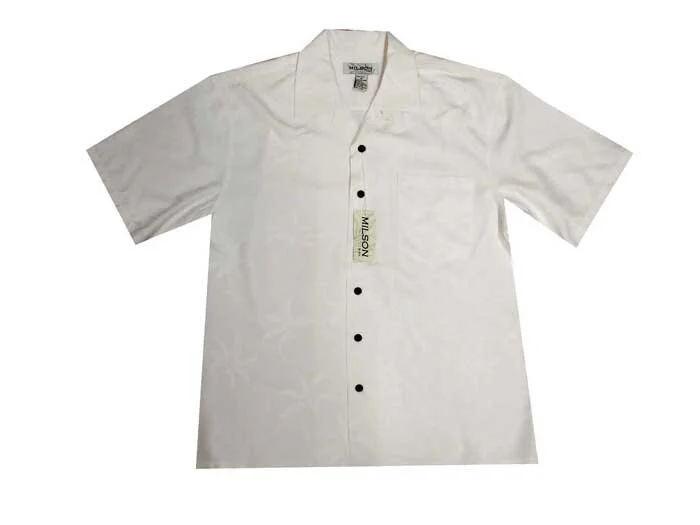 AL901W- Tropical Palm White Silk Men's Hawaiian Shirt 