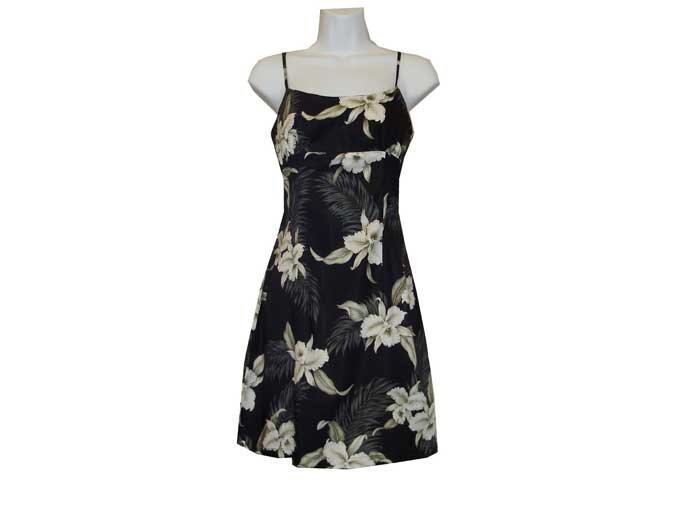 6D-809B- Orchid Black Rayon Strap Short Hawaiian Dress