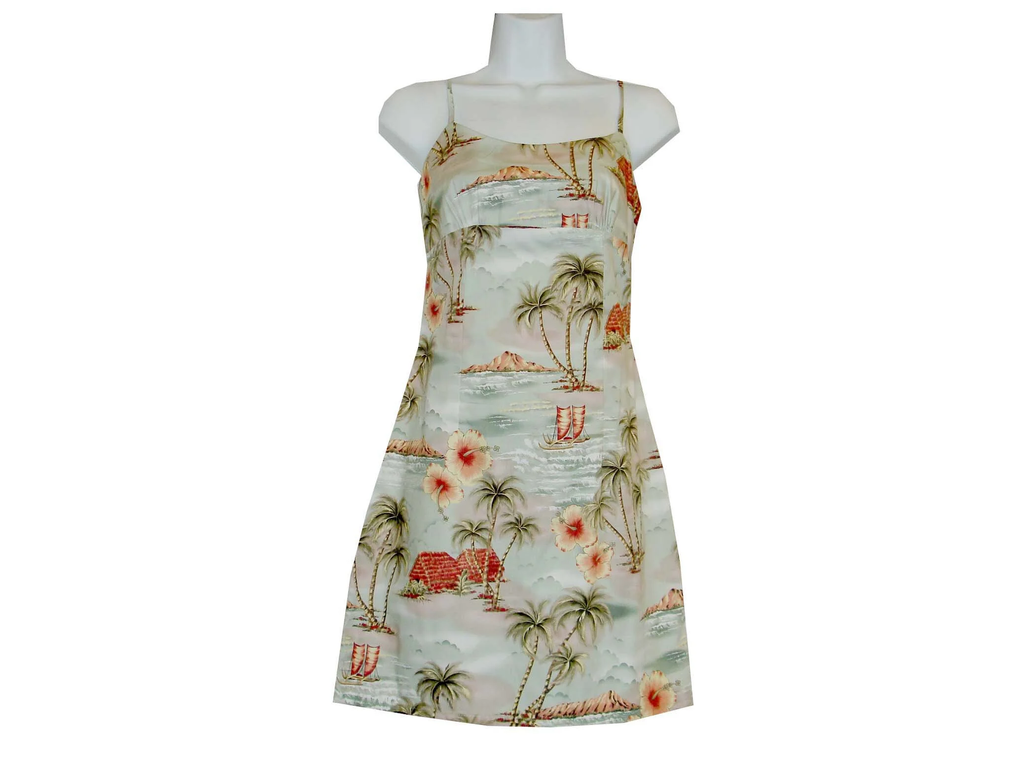 6D-354G - Polynesian Island Green Cotton Strap Short Hawaiian Dress