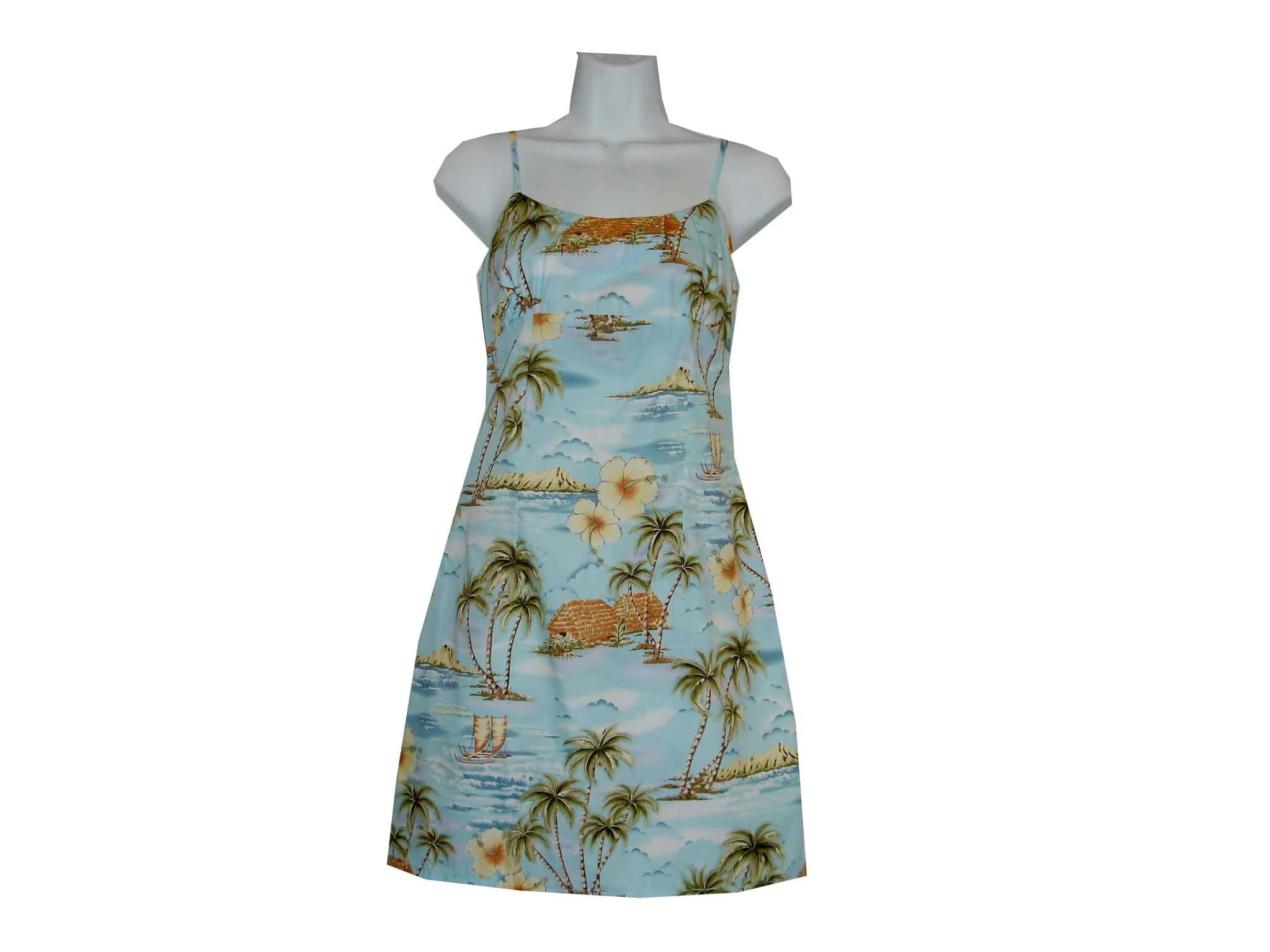 6D-354BL- Polynesian Island Blue Cotton Strap Short Hawaiian Dress