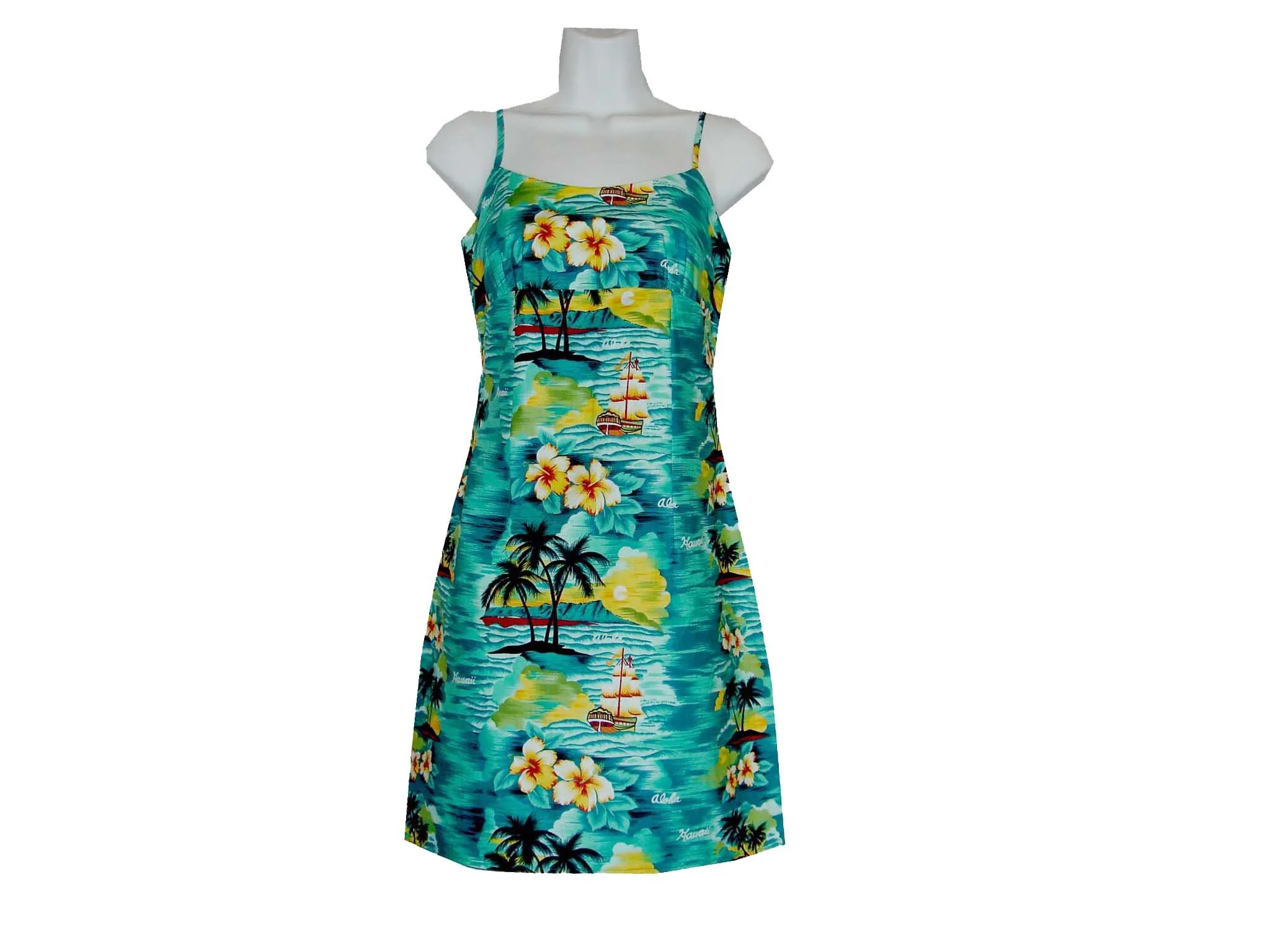 6D-304G- Hawaii Sunset Green Cotton Strap Short Hawaiian Dress