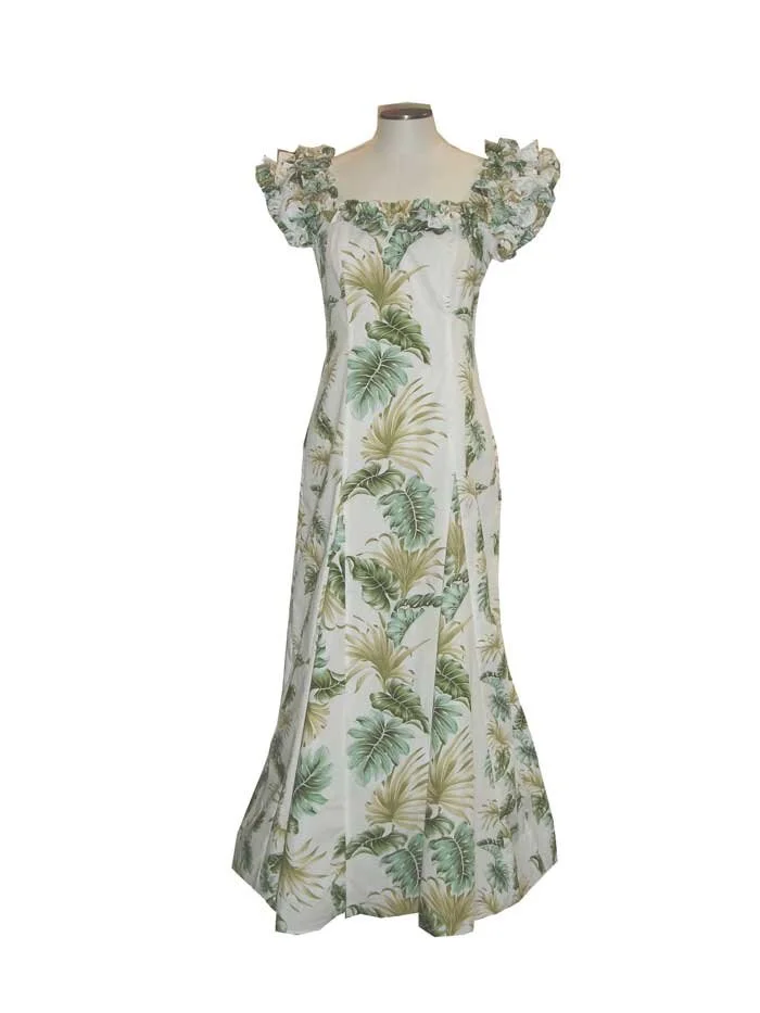 19D-438W-Hawaii Leaf White Hawaiian Muumuu Dress