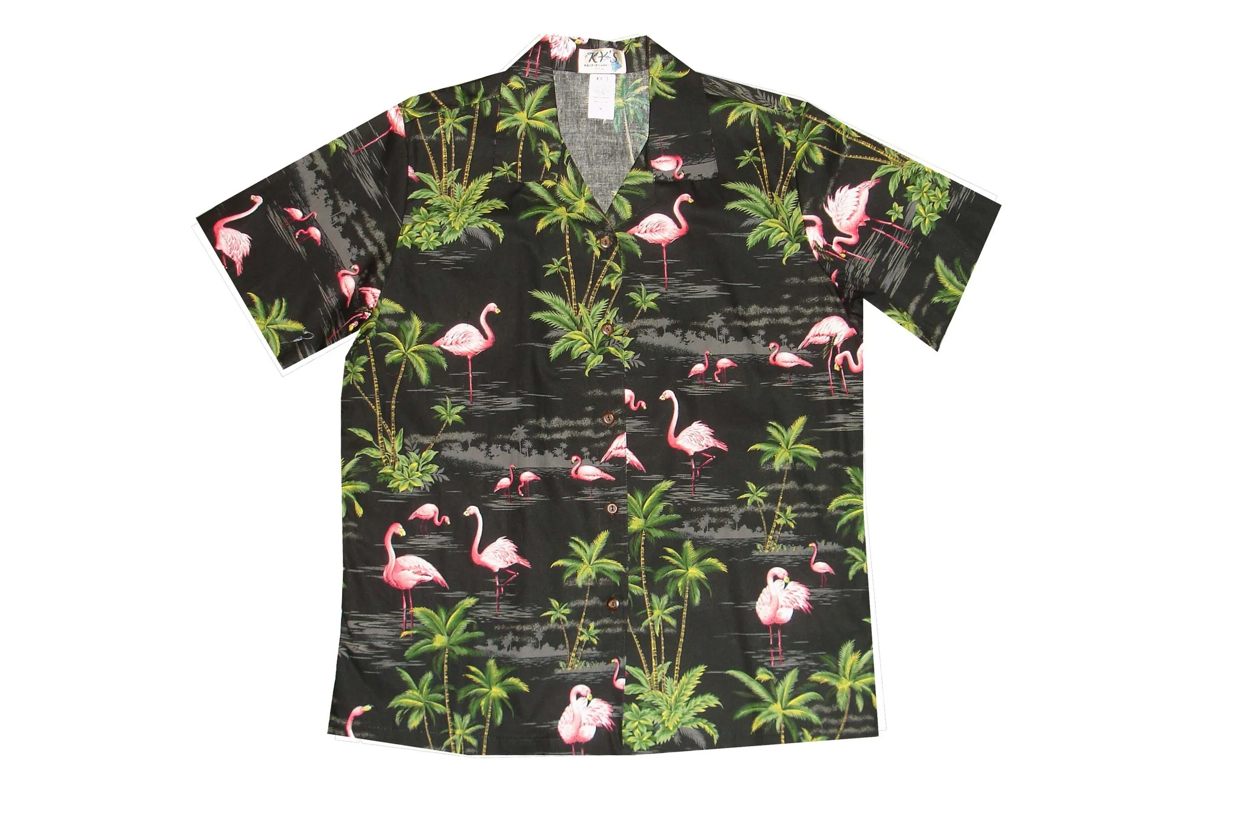 LAL-406B - Ladies Cotton Camp Aloha Shirts Pink Flamingo Island