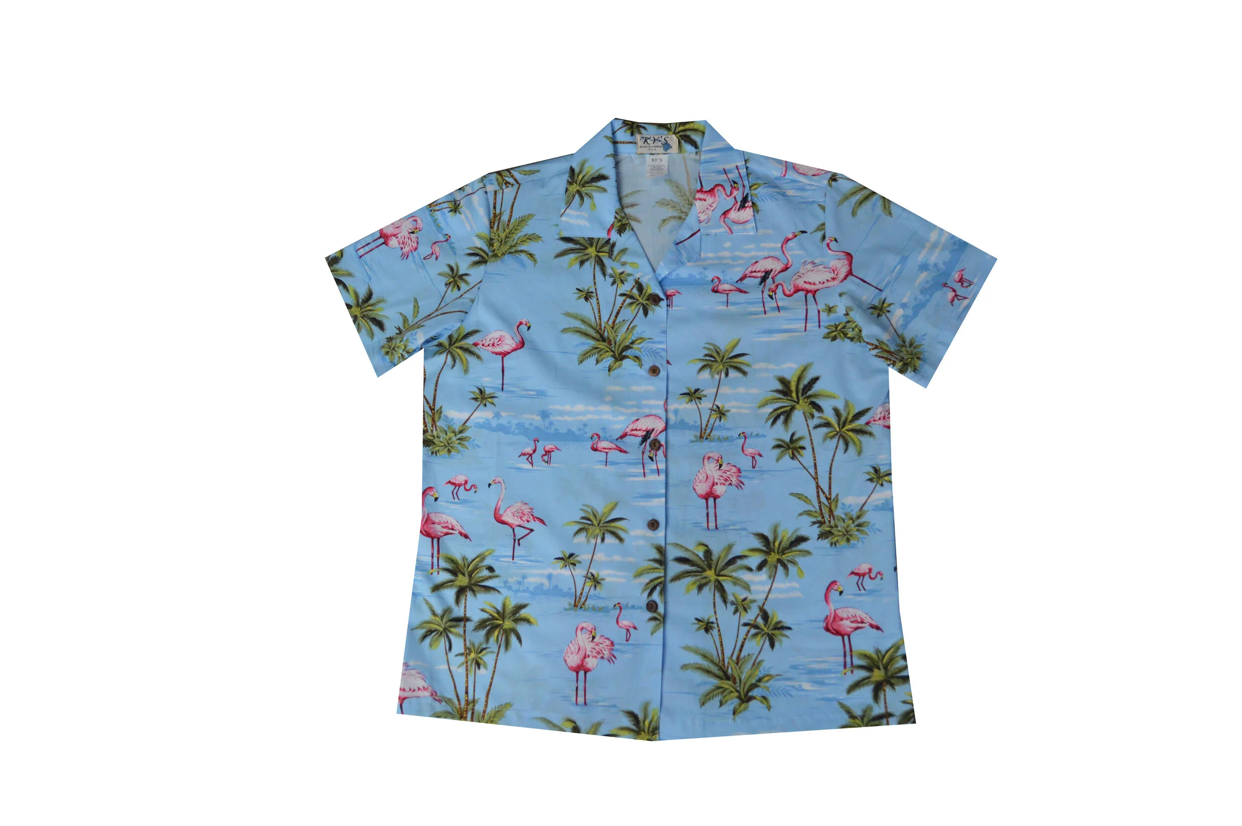 LAL-406BL - Ladies Cotton Camp Aloha Shirt Pink Flamingo Island