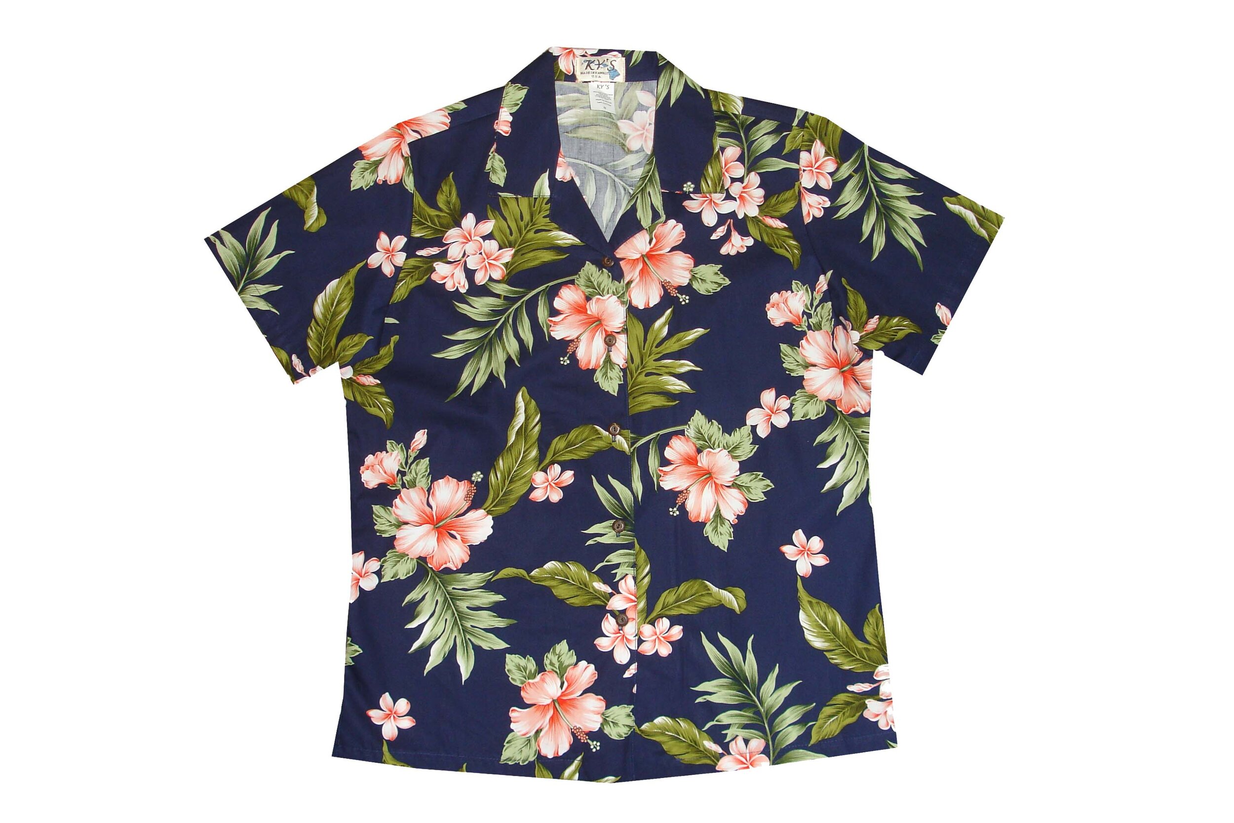 LAL-403NC - Ladies Cotton Camp Aloha Shirts Coral Hibiscus
