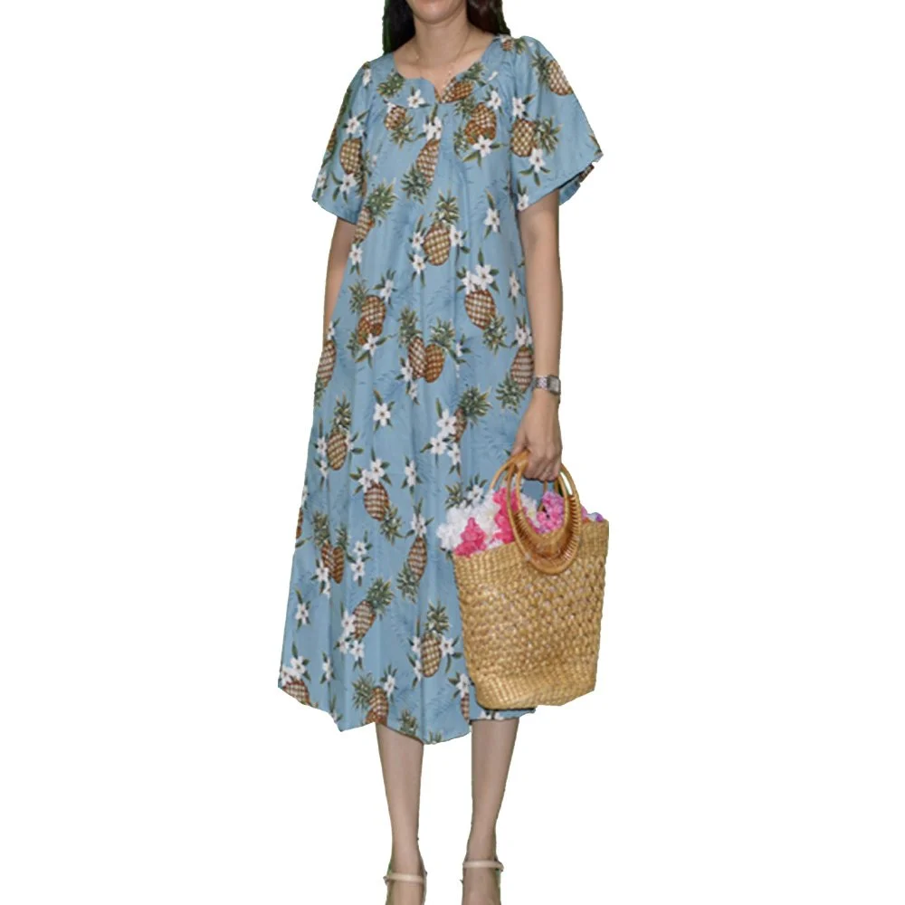 cotton printed dress Green Reversed Hawaiian Muumuu Dress  Vintage Monstera Print