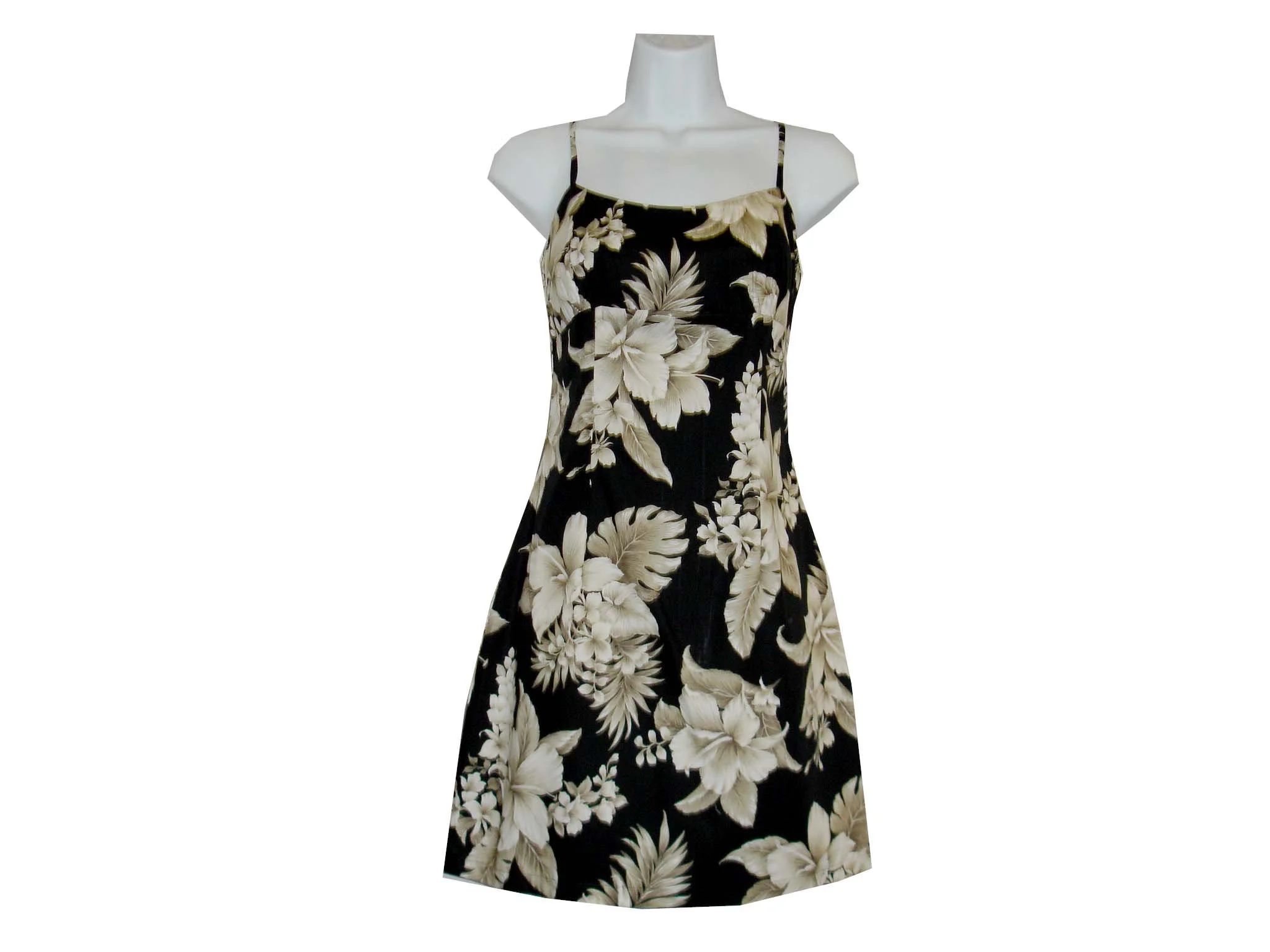 6D-383 B- Tropical Flowers Black Cotton Strap Short Hawaiian Dress (Copy)