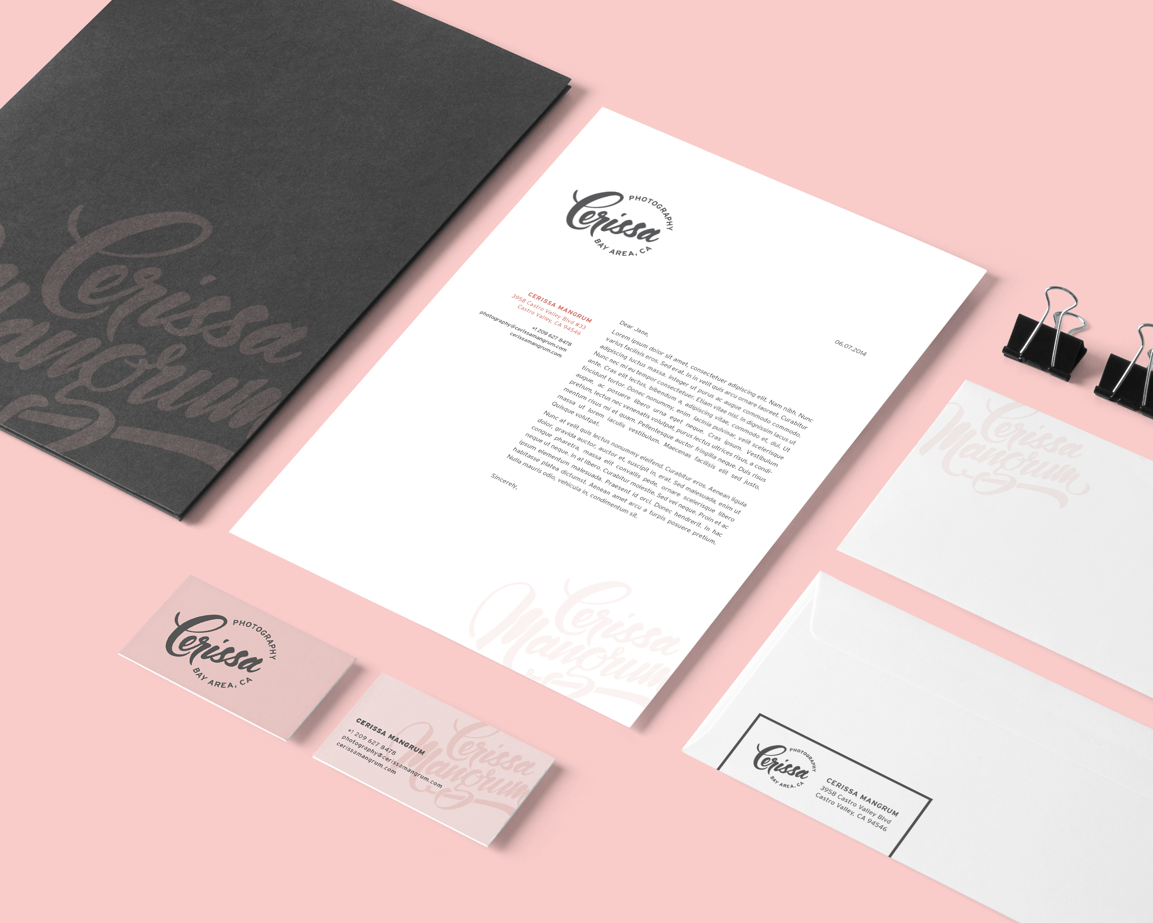 Cerissa was just starting up her photography business when she contacted me. She wanted a hand drawn, custom made logo with a soft, feminine touch. Because of her love for the 50s’ we decided on pale pink and gray tones to be used throughout her branding. One primary and one secondary logo was created to accommodate for any situation and application.