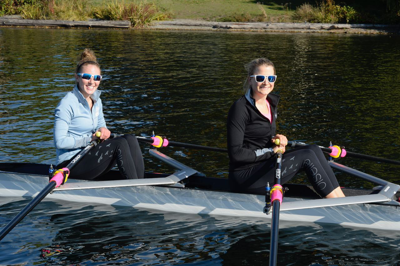 Keara Twist, left, and Sydney Taylor, right, during a practice row in Seattle. Photo: Michael Collins for Oiselle.