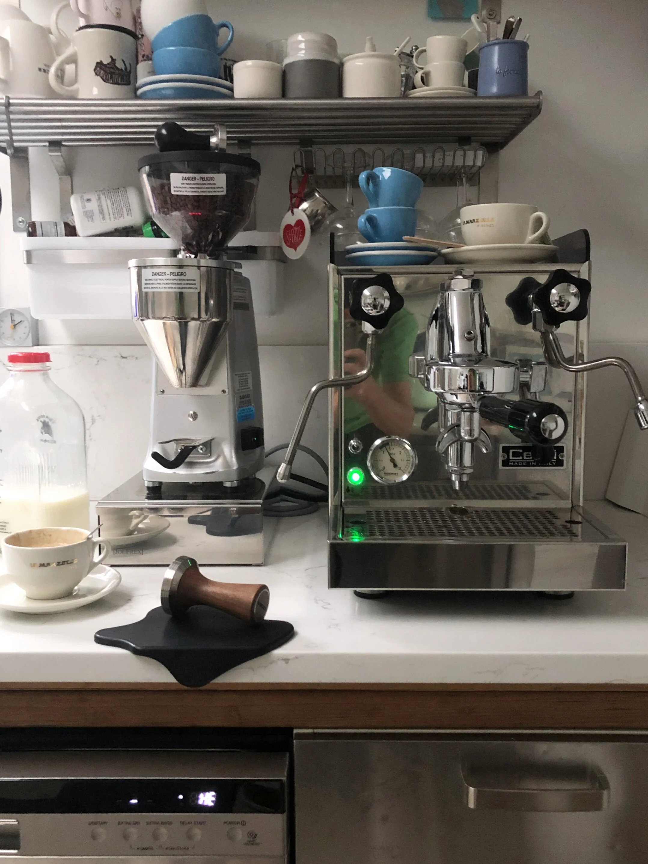 My Mazzer grinder next to my Rocket Cellini in my Seattle kitchen, Autumn 2019.