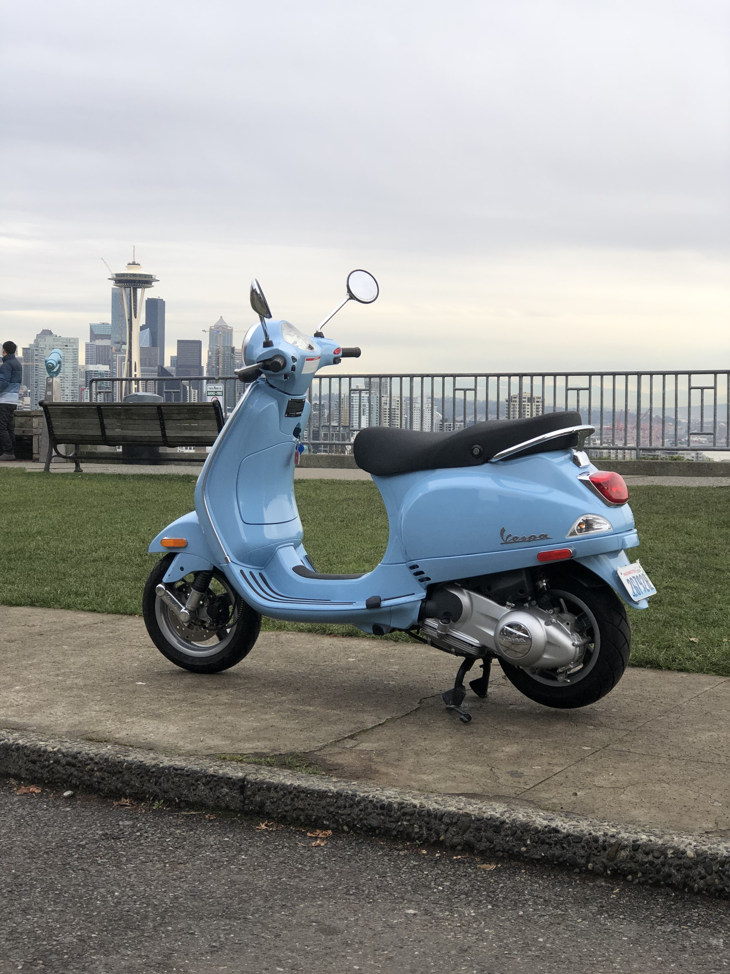 My Vespa after a spin downtown during an unseasonably dry November day in Seattle. Kerry Park, December 16, 2019.