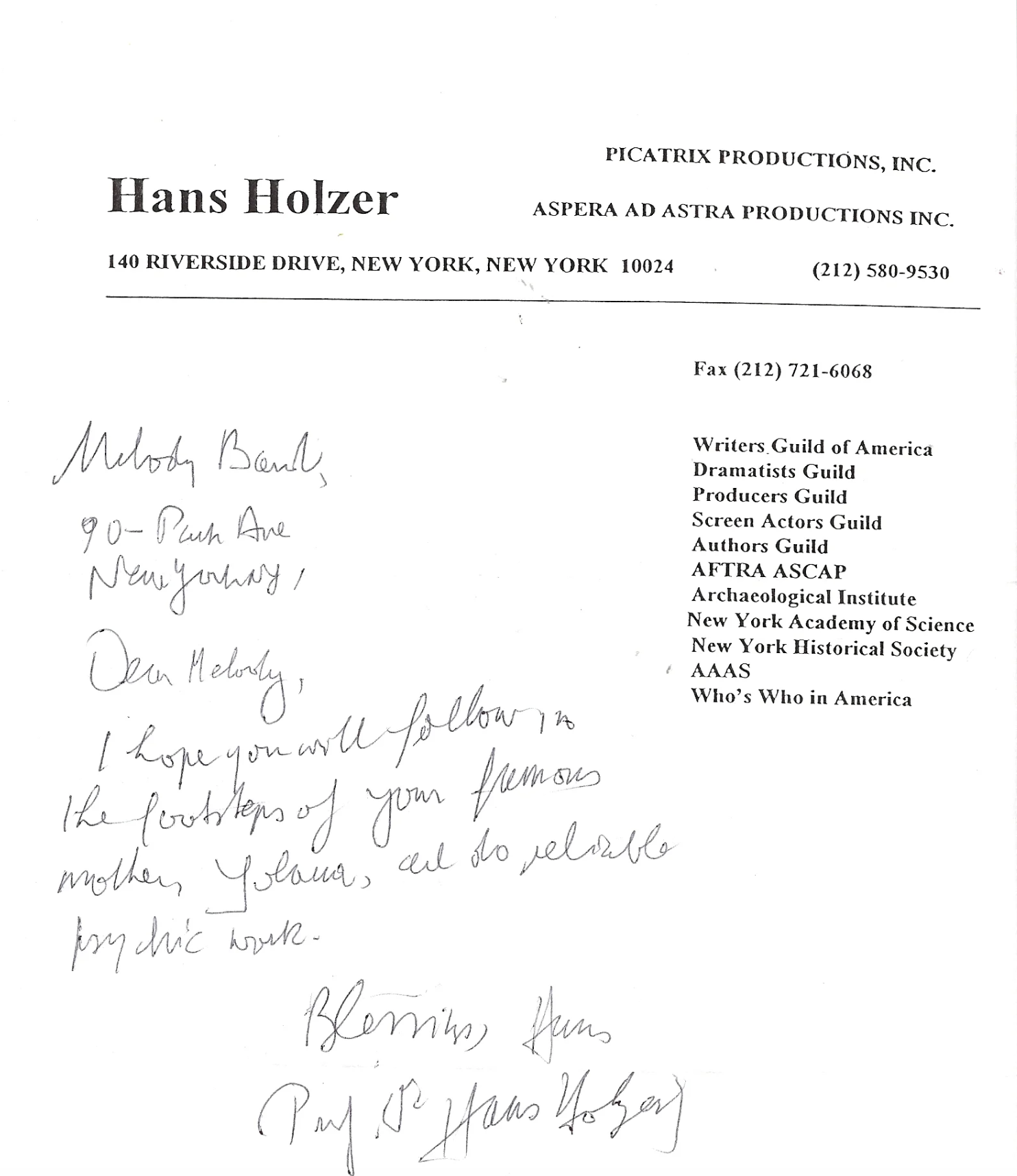 Dear Melody, I hope you will follow in the footsteps of your famous mother, and do reliable psychic work.  Blessings, Hans Holzer