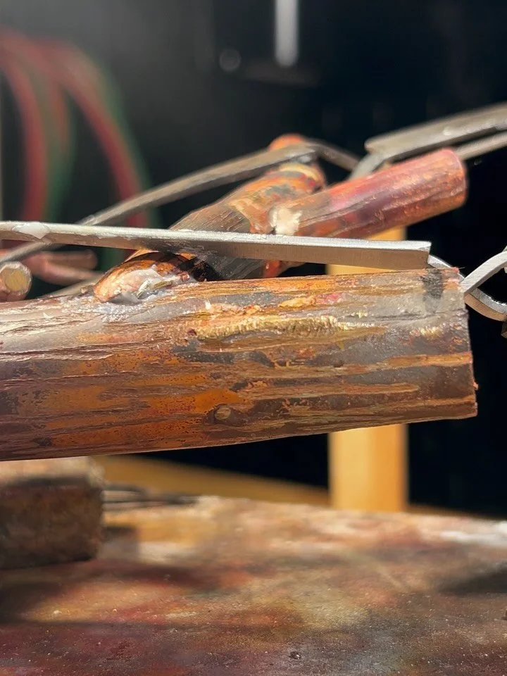 My trees are often mistaken for cast pieces, but they are all fabricated out of copper. The trees, especially the larger ones, take a significant amount of time to make. I am currently on day five with this particular tree, with much more work to go,