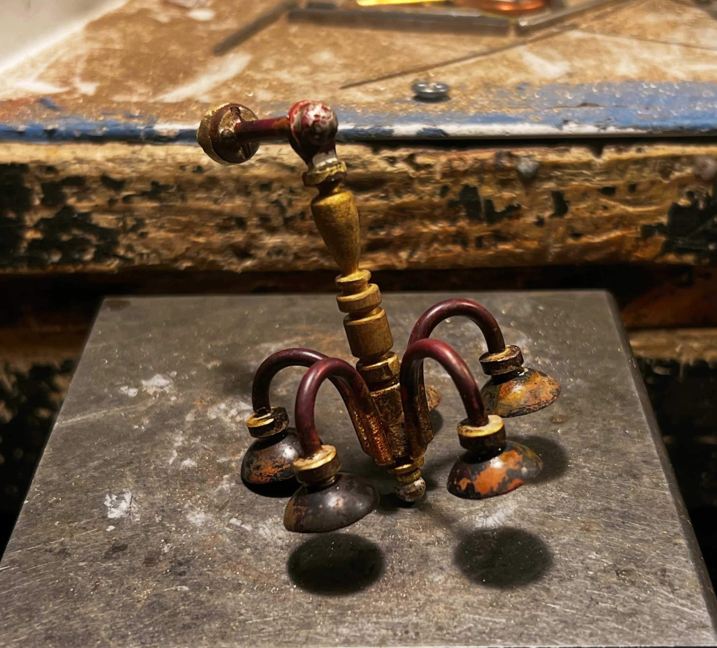 Just wrapped up work on a fabricated chandelier made from brass, copper, and sterling silver. Once it&rsquo;s all cleaned up, it&rsquo;ll be finished off with five citrine briolettes.

Old Town Art Fair in Chicago this Saturday and Sunday!