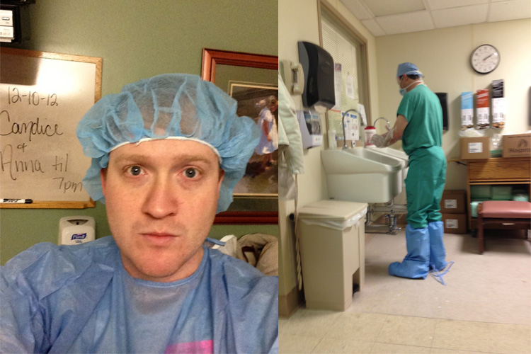 Brad's self-portrait while waiting and a sneaky photo he took of my doctor scrubbing in.