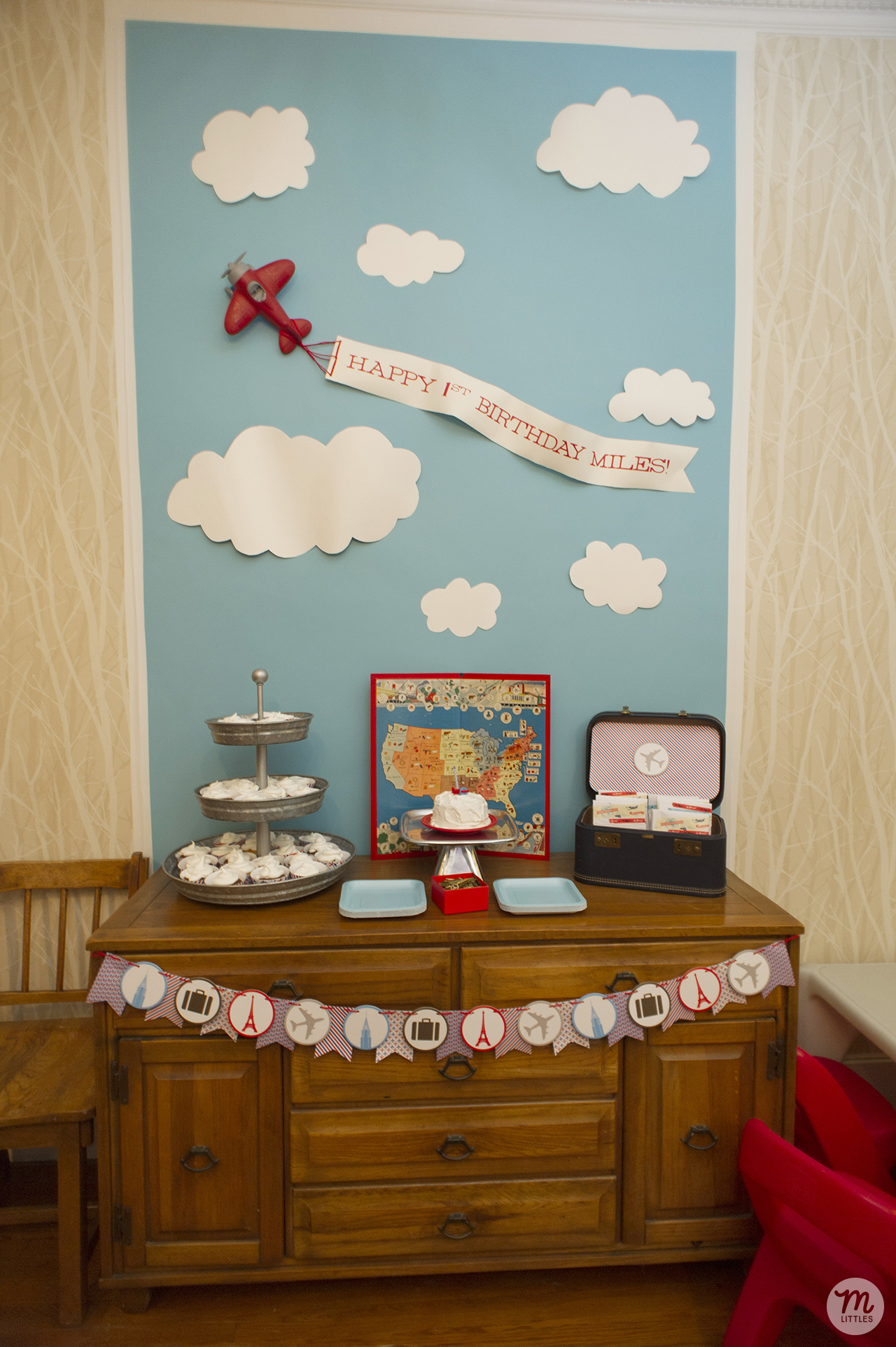 The banner across the buffet was created with flags I cut out of the scrapbook papers , the coasters I picked up from Target (I punched 2 holes across the top of each one) and red cotton yarn strung through everything.