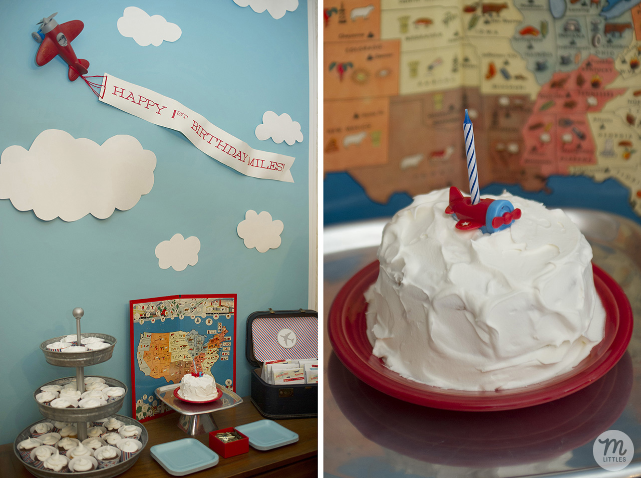 I made a smash cake for Miles and cupcakes for everyone else. Chocolate and vanilla, both from cake mixes, with Cool Whip frosting. We're really fancy like that. I also used a few old travel themed board games from my parents' house to decorate. The little airplane candle holder we got from Amazon.
