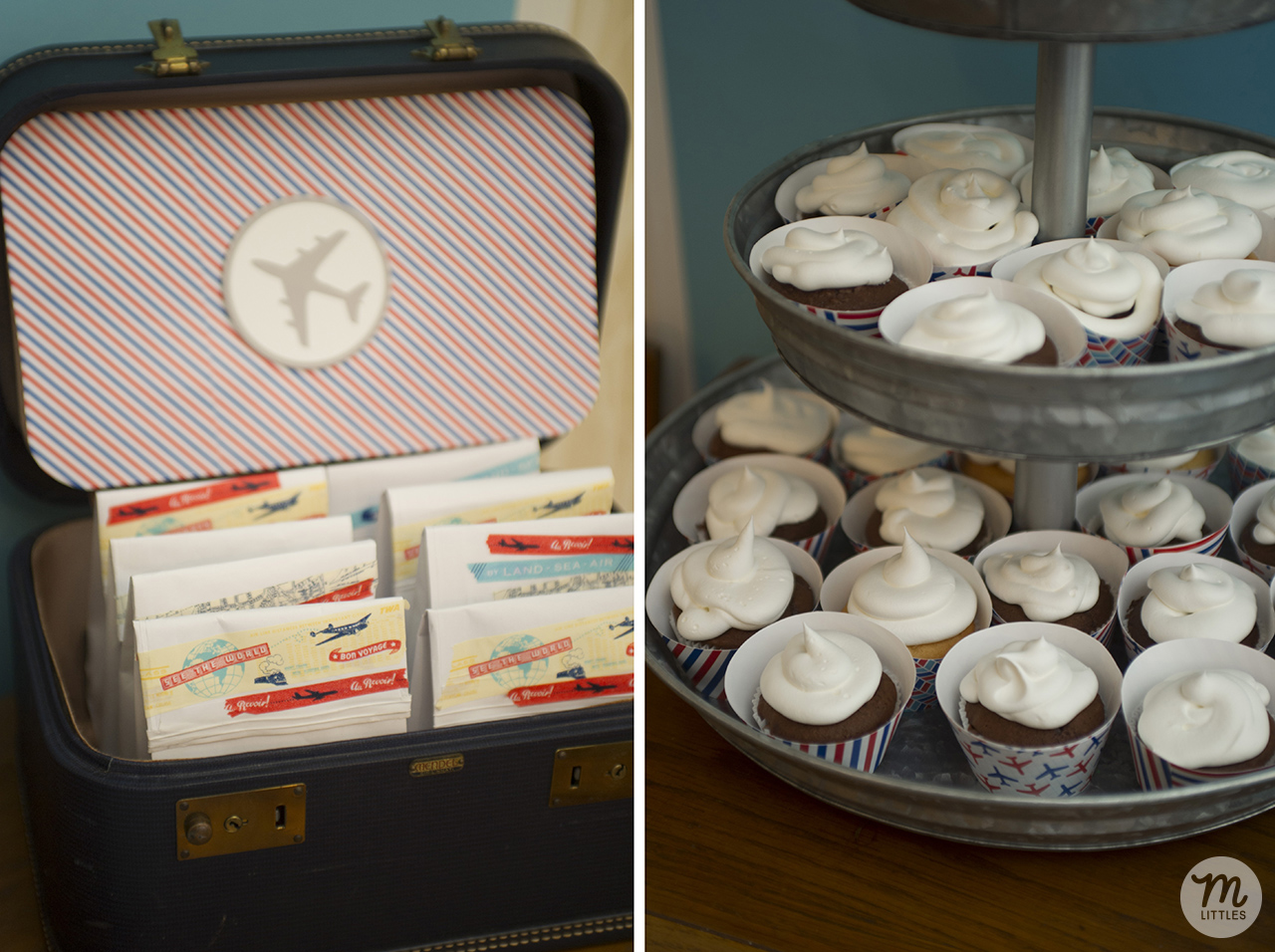 For the favor bags, I used plain white (um, unused) barf bags I picked up off of flights throughout the year, and decorated them with these beautiful washi tapes I found on Amazon. I made cupcake wrappers using the scrapbook papers and a free template I found online (that was a little tall--I guess I should have tested it out first!) The awesome galvanized tiered trays are borrowed from my best friend who found it at Pottery Barn Outlet.