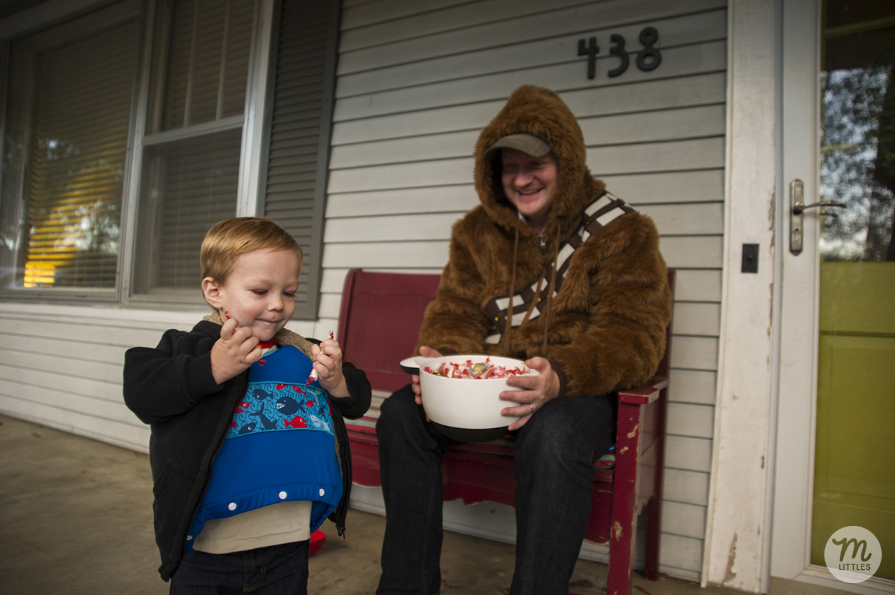 When I was grabbing Miles' jacket, he saw his swim vest in his closet and demanded that he wear that. Brad wore a Chewbacca sweatshirt his brother got him for Christmas last year. It's so gushy and soft, and so many of the kids who trick-or-treated hugged him because he just looked so huggable, haha!