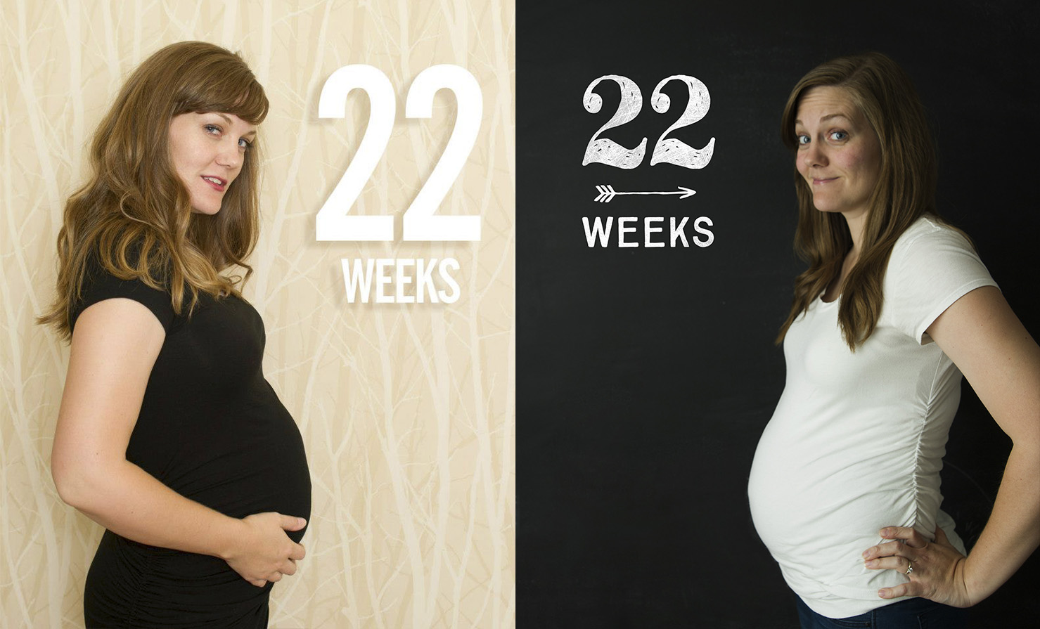 I'm kinda surprised my belly was bigger with Miles at 22 weeks--maybe this baby will be smaller? (Fingers crossed!) Also, I think I'm attempting to make a sexy face on the left because I was doing different faces each week and I had run out of expressions. Yep.