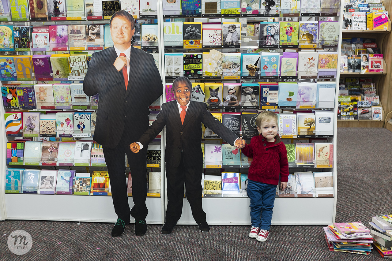 Anderson's Bookshop in Naperville, IL had these hilarious cardboard cutouts made from some photos I took back when we were working on photos for the book. Miles is not giant--these were definitely not life-size, but about a foot smaller than Robby and Brad in real life. Miles interacting with them was super adorable.