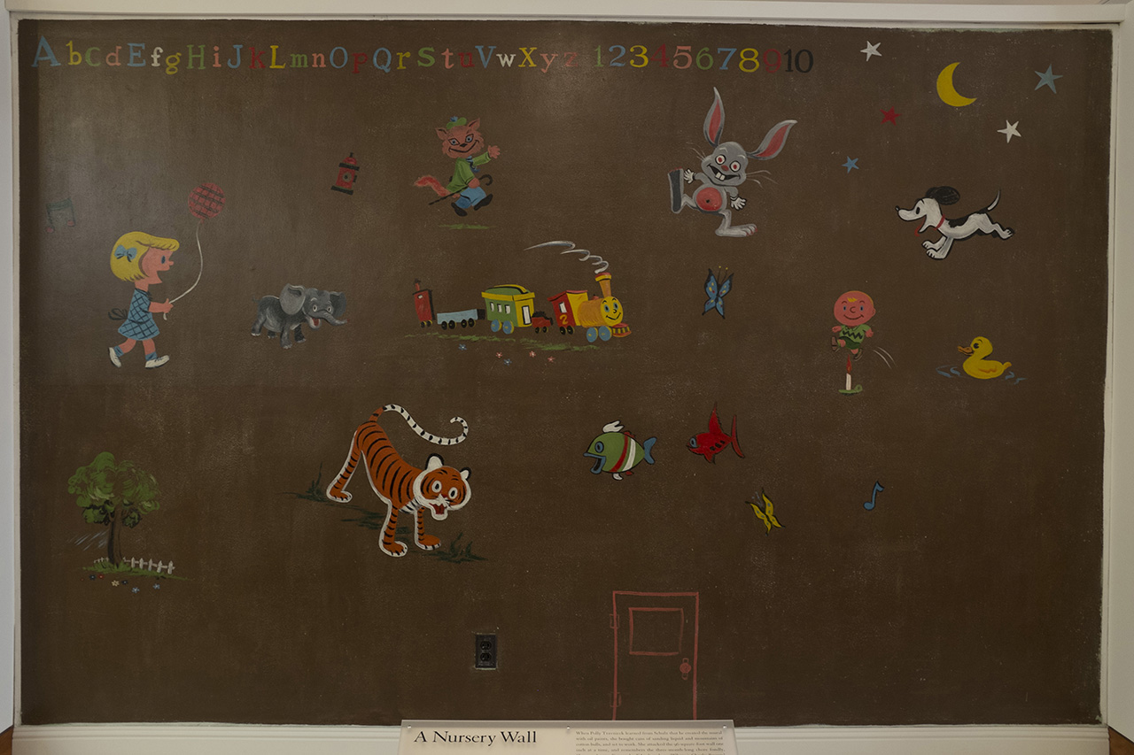 This mural and the story behind it was amazing. Charles Schulz painted this mural in 1951 for his daughter in their Colorado Springs home. After the Schulz family moved from this home, subsequent owners painstakingly restored the wall mural. (It was painted over multiple times, and the owner used cotton balls and sanding liquid and worked inch by inch to remove it, over the course of three months!) In September 2001, the entire wall was removed from the home and transported to Santa Rosa.