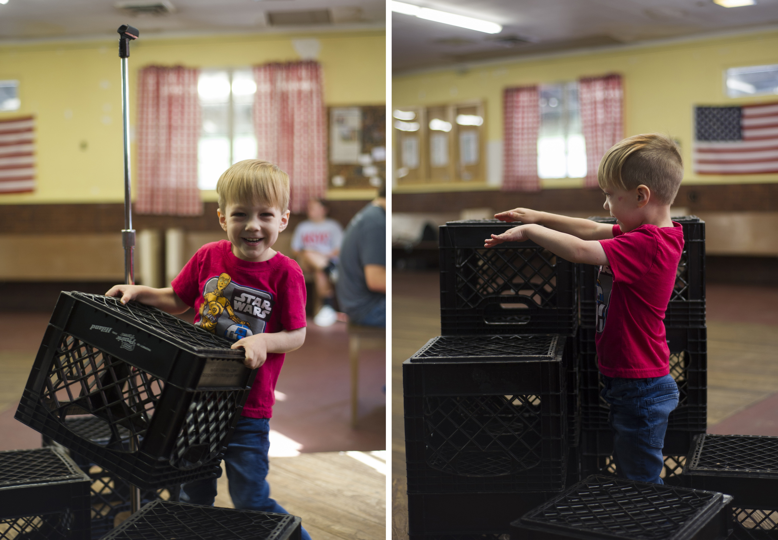 By far, the kids' favorite thing to do at camp was play with the milk crates. They spent so much time building with them, pushing them around the mess hall and climbing in them. I realized Miles had never seen them before camp when he saw some in a grocery store and excitedly pointed them out. He started laughing and said "Those aren't supposed to be here, they're supposed to be at camp!"