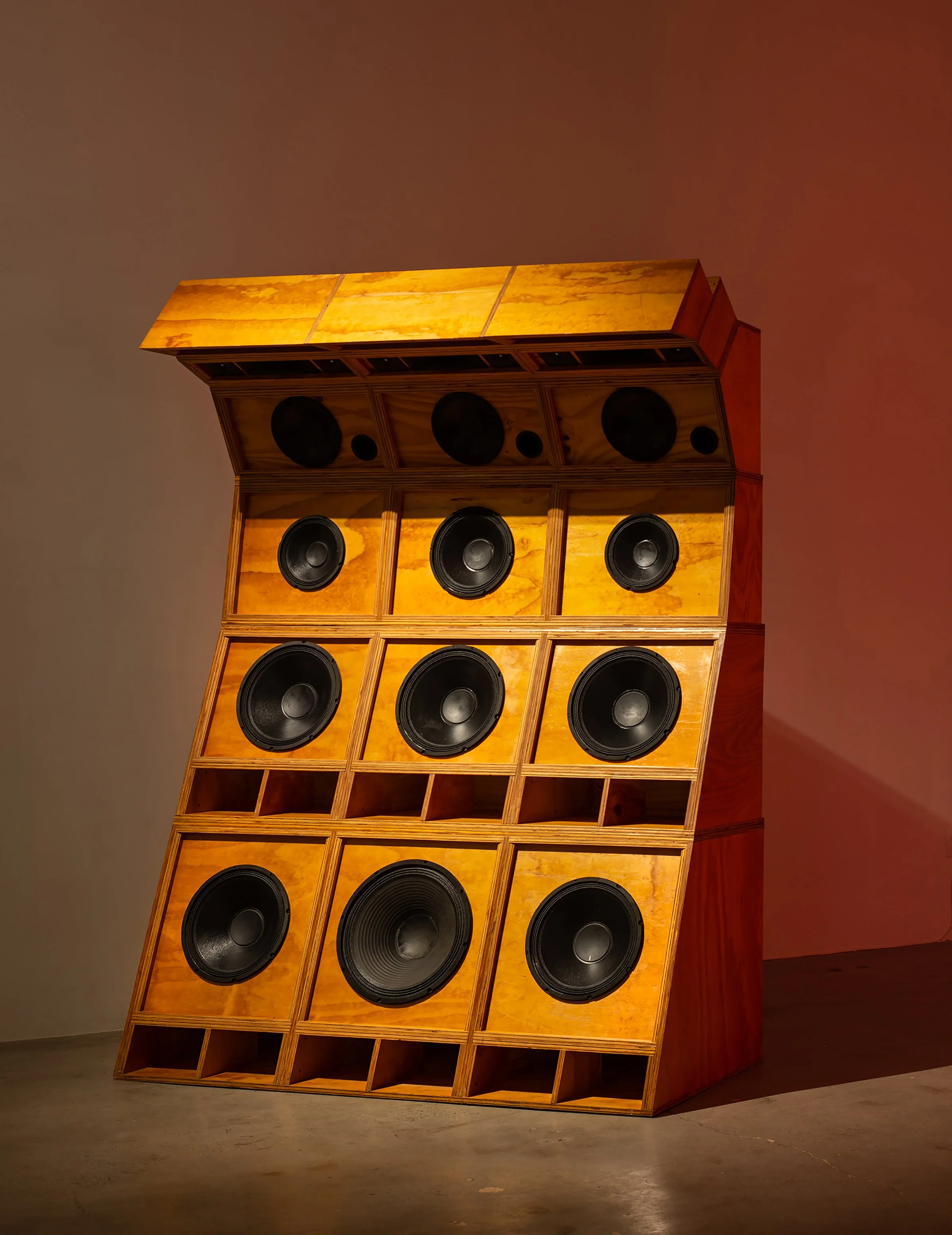 SOLE IMPERIAL, 2015,2020, TBD
Plywood, 12 Speakers, 3 Horns, 15 Tweeters
8.5ft x 6ft x 4ft